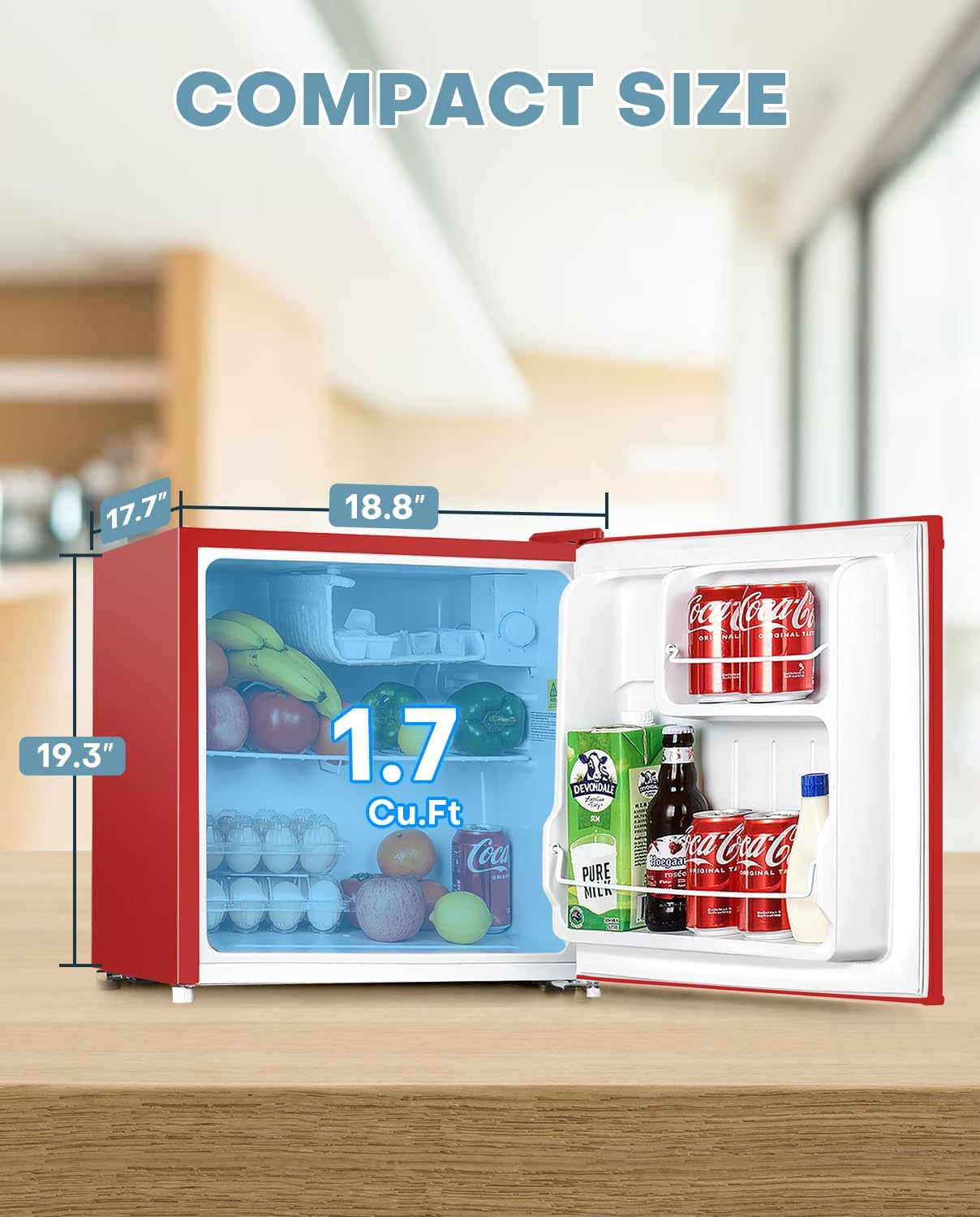 Upstreman 1.7 Cu.ft Mini Fridge with Freezer, Dorm Essentials, Adjustable Thermostat, Energy Saving, Low Noise, Single Door Compact Refrigerator for Dorm, Office, Bedroom, Red-FR17