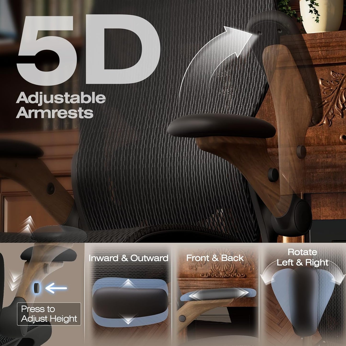 ELABEST X100 Ergonomic Office Chair with Footrest, Big and Tall Home Desk Chair with 5D Flip-Up Arms, Adjustable 5D Lumbar Support,High Back Rolling Computer Chair, Swivel Mesh Chairs (Library Oak)