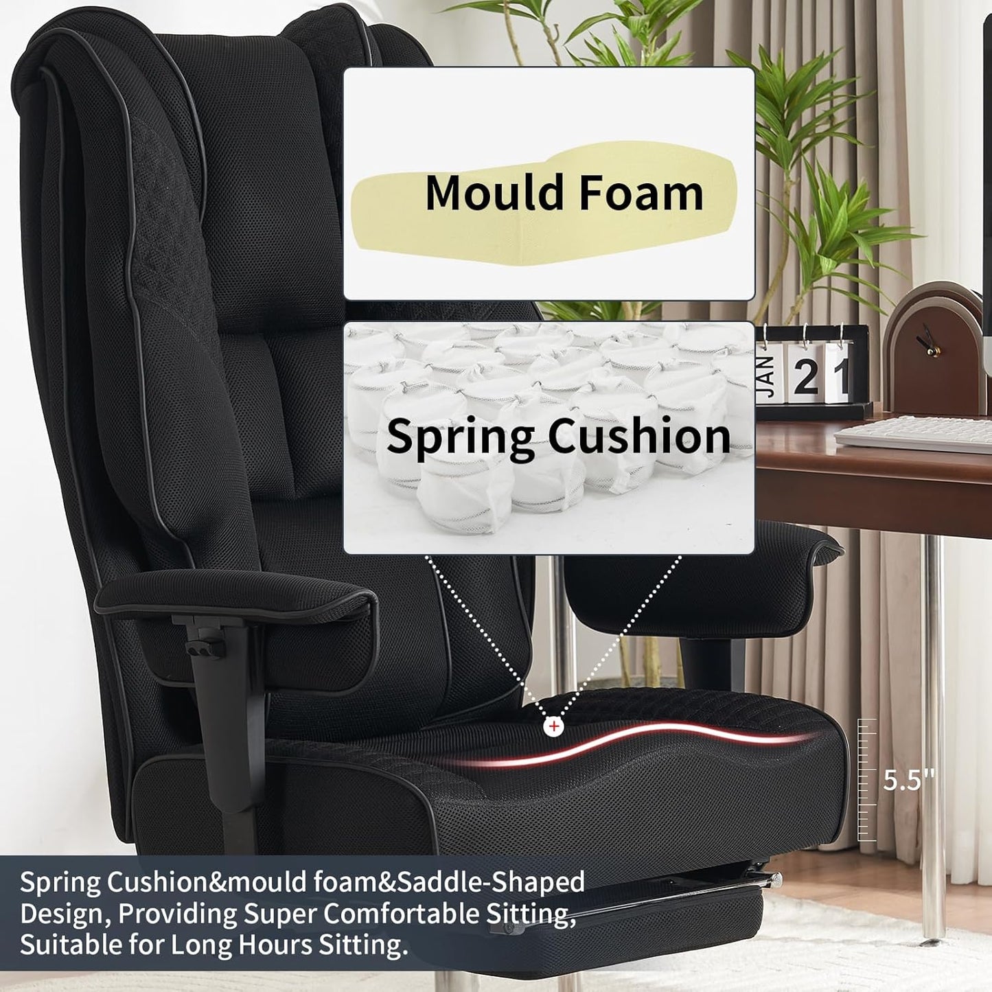 Big and Tall Office Chair 400lbs Wide Seat, Leather High Back Executive Office Chair with Foot Rest, Ergonomic Chairs Lumbar Support for Lower Back Pain Relief (Mesh Black)