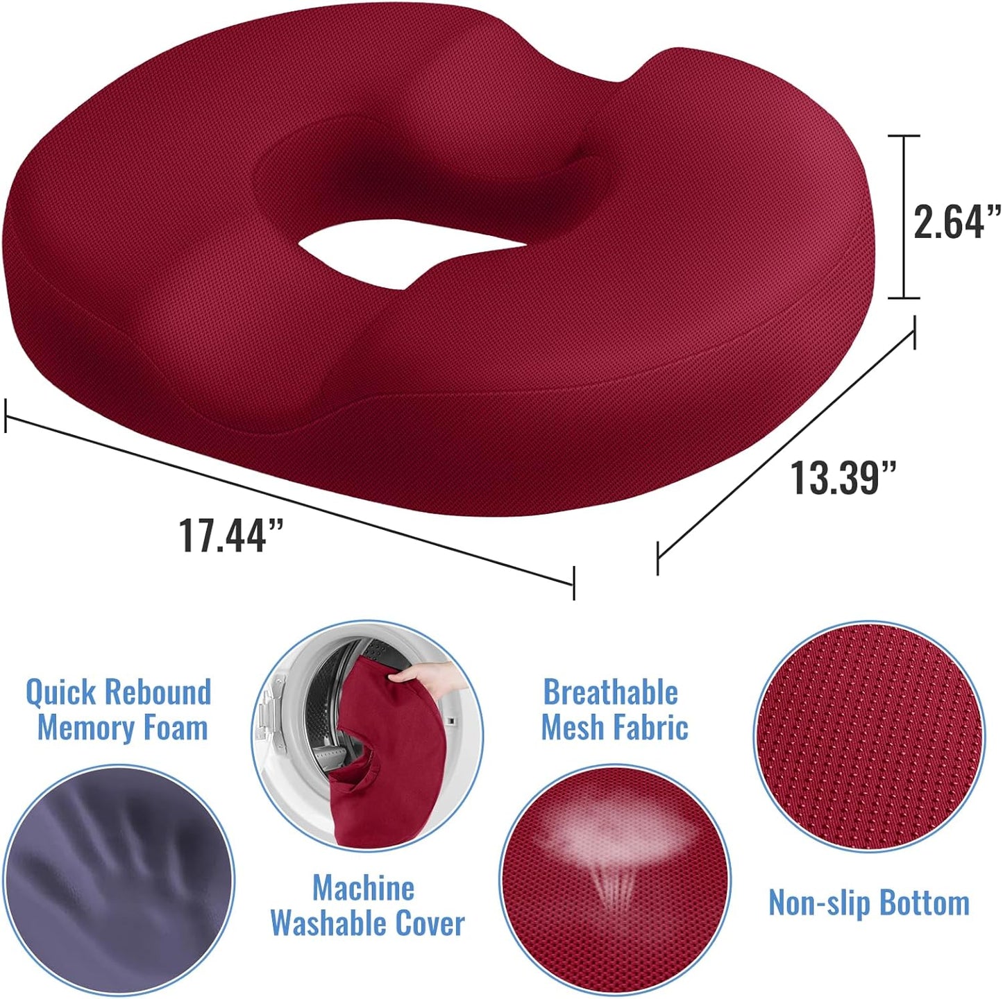 CloudBliss Donut Pillow Seat Cushion Chair Pad for Tailbone Pain Relief and Hemorrhoids, Memory Foam Seat Chair Cushion for Men and Women for Home & Office, (Red)