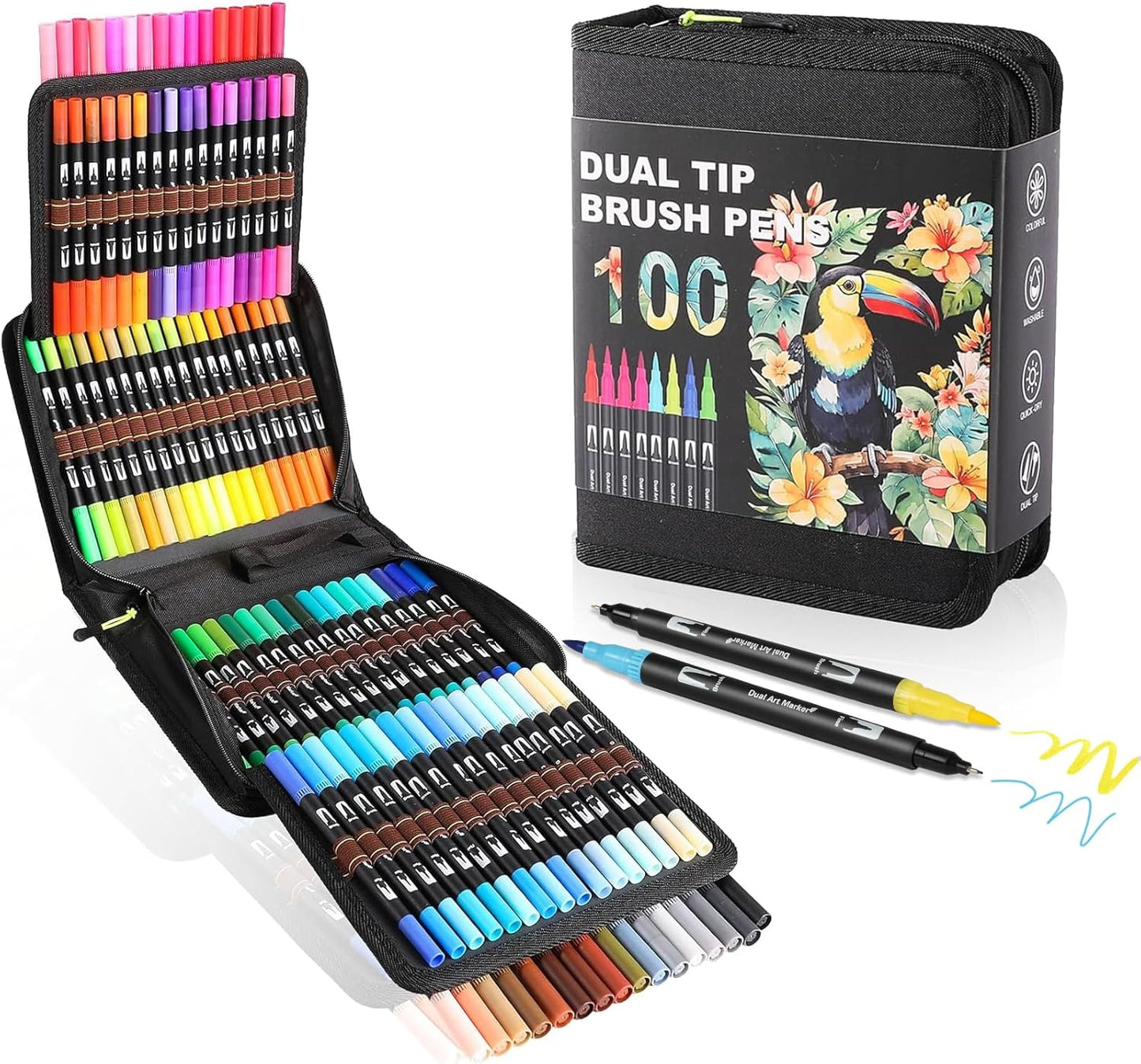 Double Brush Marker Pens, 100 Colors Art Markers Set with Fine Tip and Brush Tip for Kids Adult Coloring Book Hand Lettering Calligraphy Drawing Art Supplies Kit