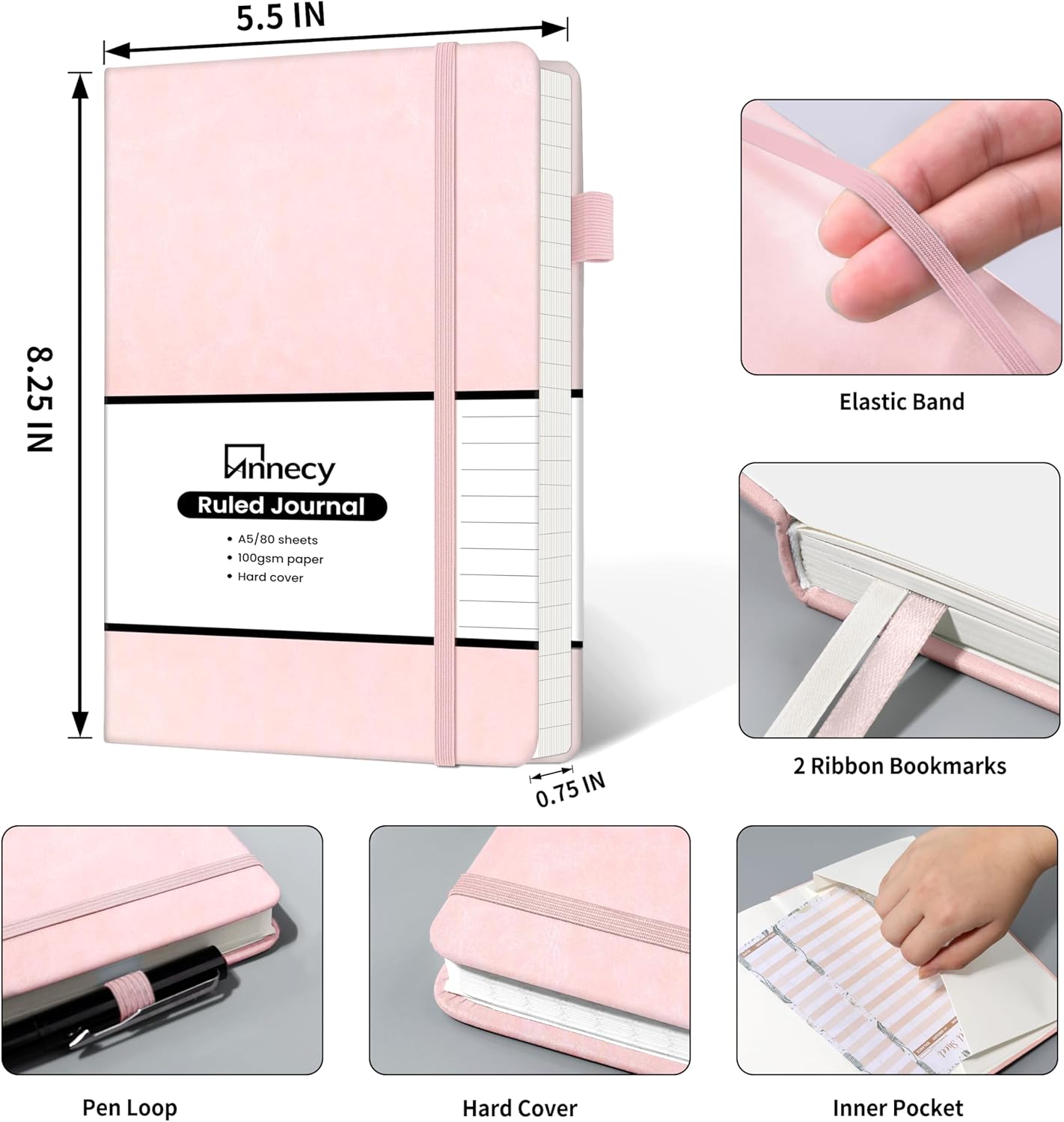 Annecy Numbered College Ruled Lined Journal Notebook, Medium 5.5x 8.25, 160 Pages 100GSM Writing Paper, A5 Pink Faux Leather Cover with Pen Loop