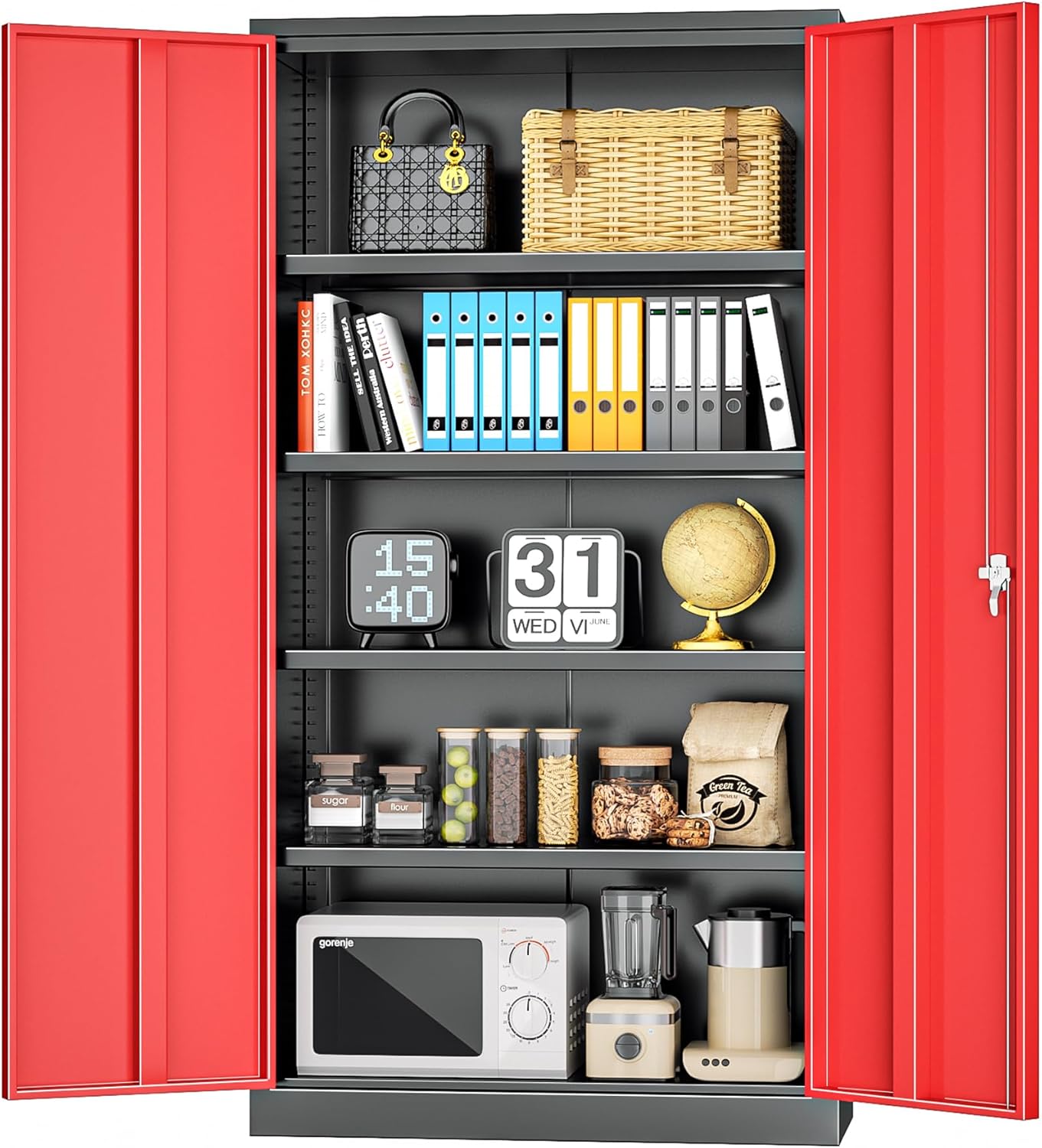 INTERGREAT Garage Storage Cabinet with Lockable Door, 72" H Metal Locking Cabinets with 4 Adjustable Shelves,Black Red Steel Cabinets Storage for Home Office, Warehouse，School
