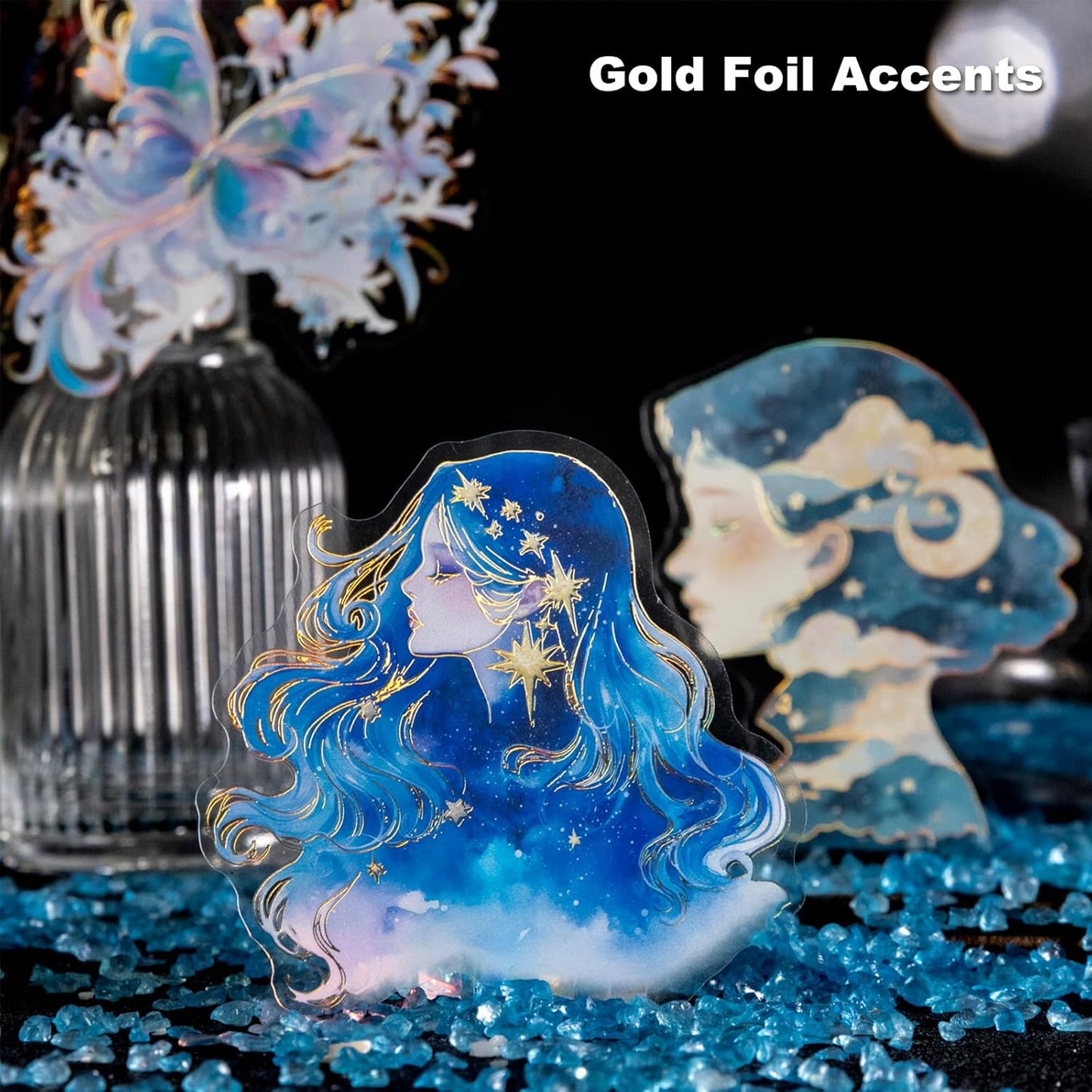 Fantasy Celestial PET Sticker Set, 60PCS Gold Foil Scrapbook Stickers for Journaling, Planners, DIY Crafts, and Art Supplies