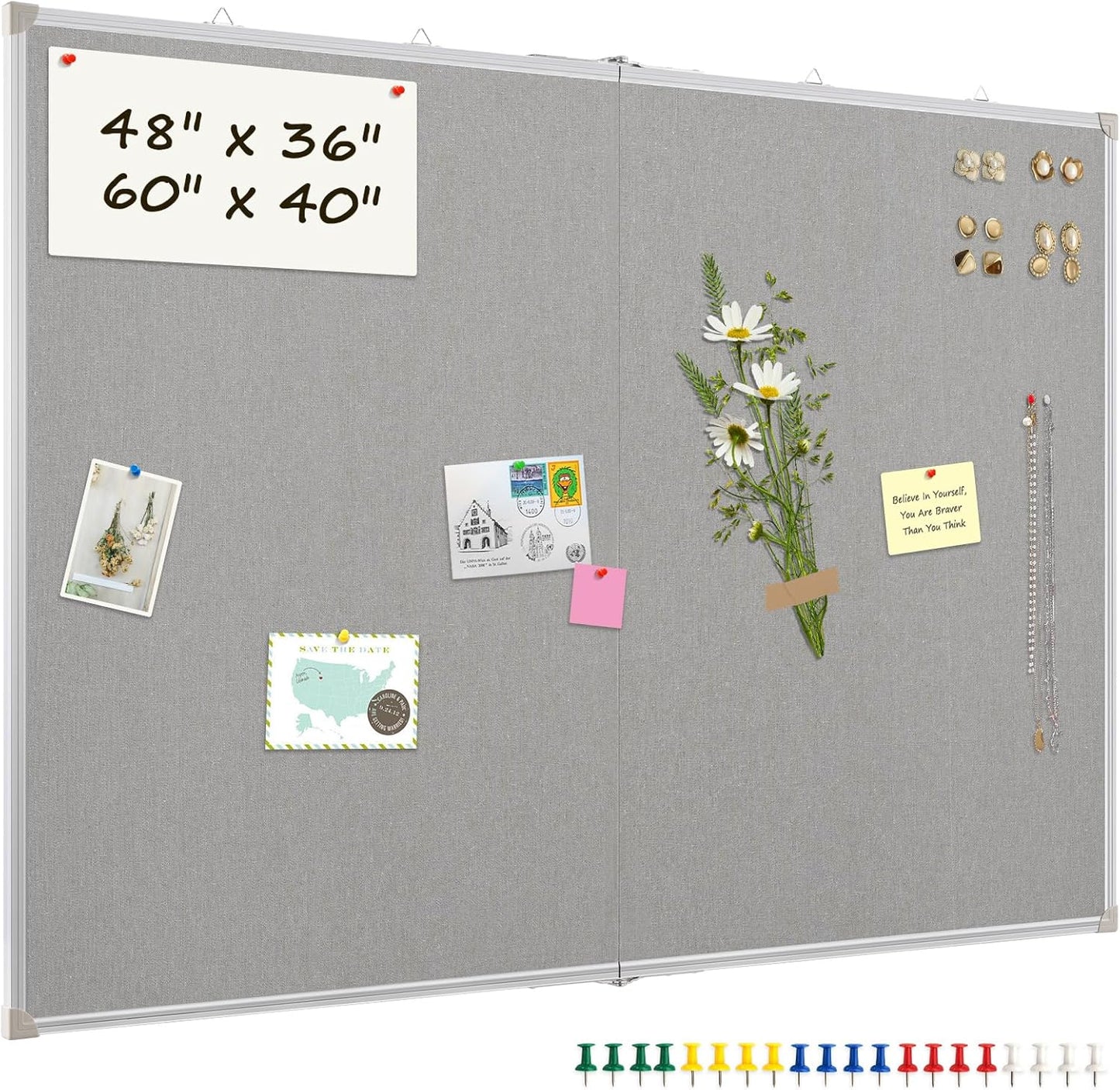 Double-Sided Large Cork Board with Linen, 60" x 40" Foldable Hanging Aluminum Framed Bulletin Board, Vision Board Pin Board Corkboards for Walls, Office, School Decor, 20 Pushpins