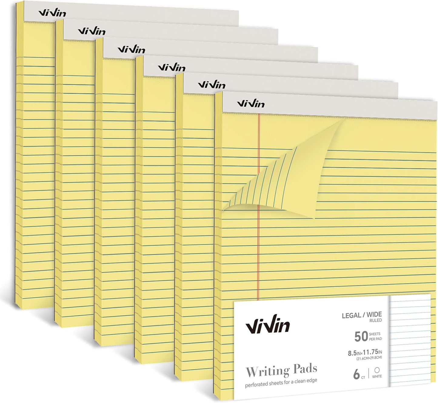 ViVin Legal Pads 8.5 x 11 Inch, Wide Ruled Note Pads, 6 Pack, 50 Sheet/Pad, Notepads for Office Home School, 300 Sheets, Perforated Writing Pads, Canary Yellow Paper