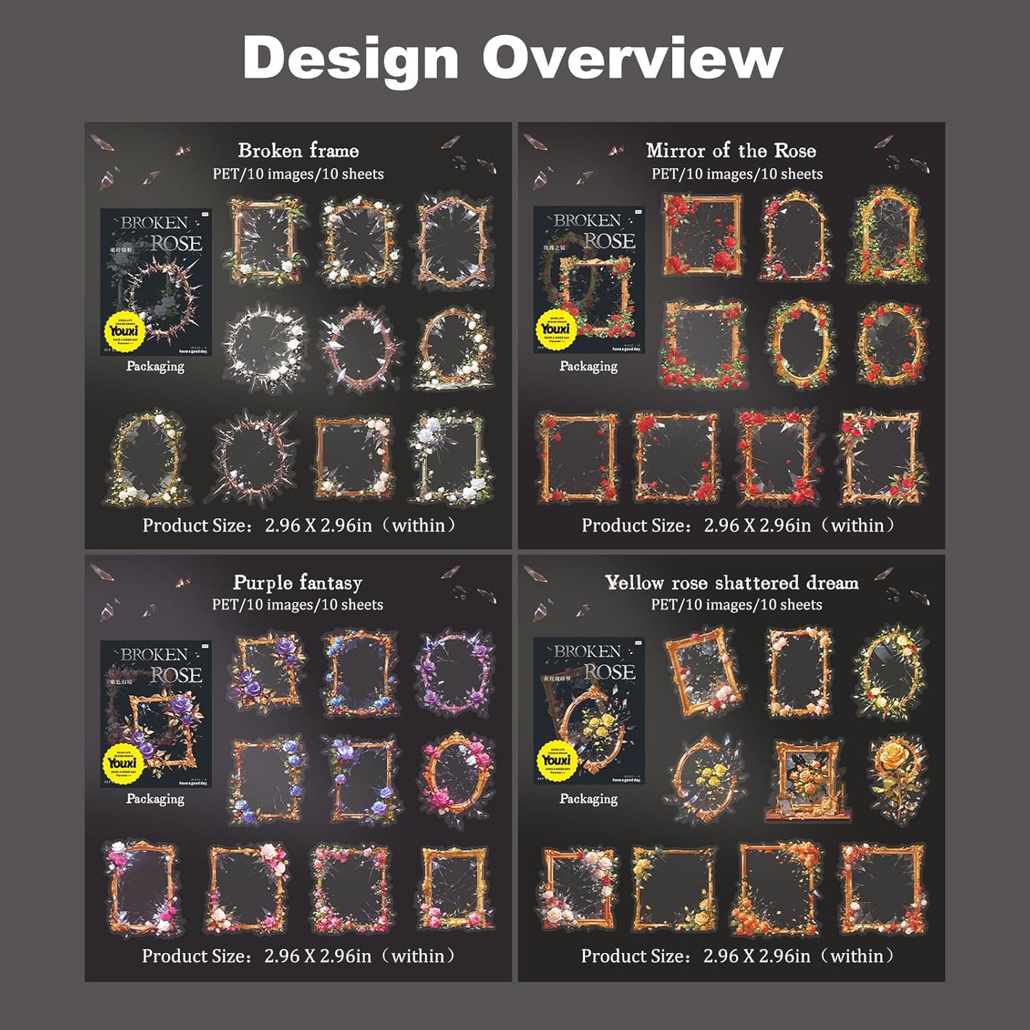 Broken Mirror Frame Stickers Set, 40PCS Gothic Rose PET Scrapbook Supplies for Journaling, DIY Crafts, and Planners