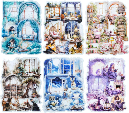 Night Reading PET Sticker Set, 90PCS Calming Scenes for Scrapbooking, Journal Supplies, and DIY Crafts