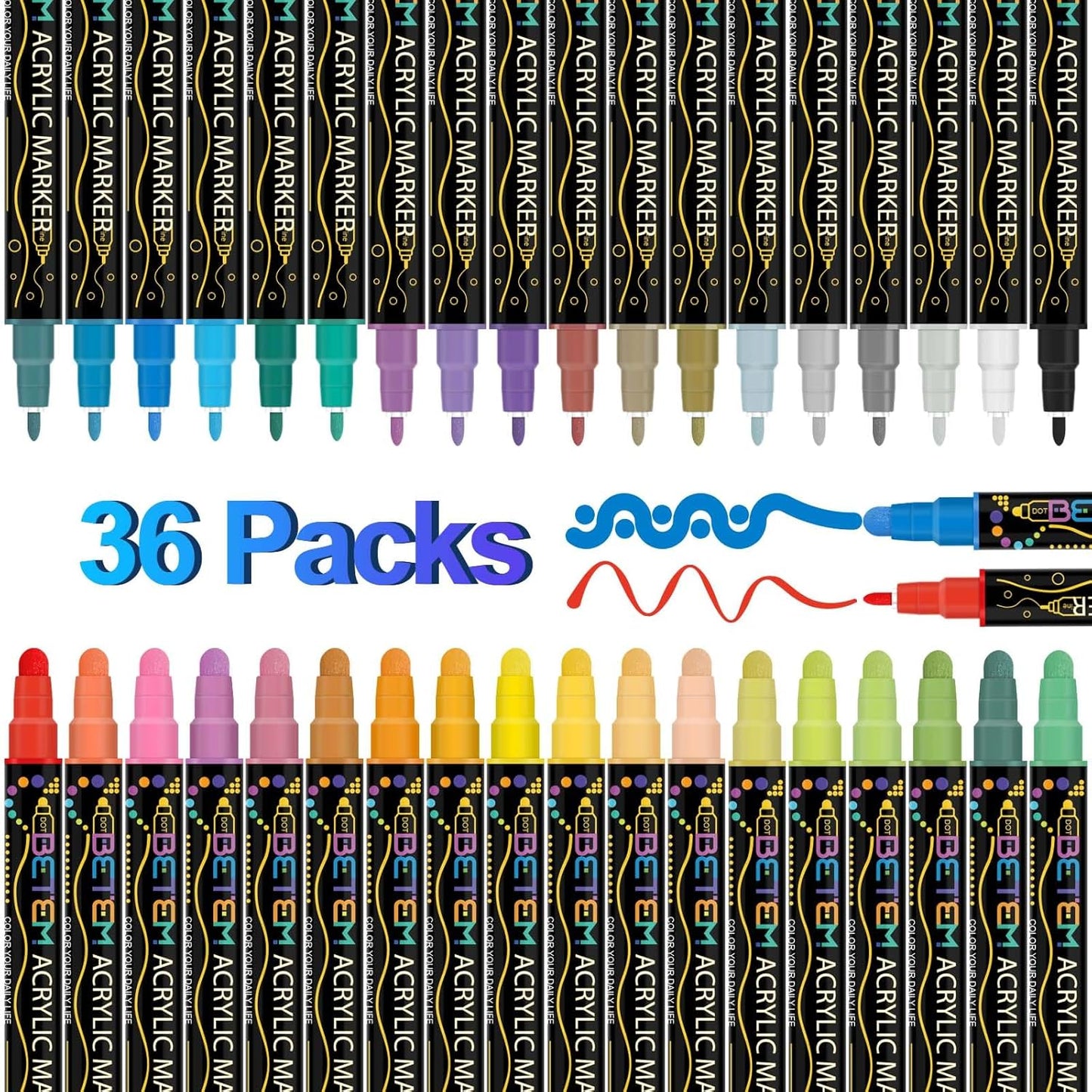 Betem 36 Colors Dual Tip Acrylic Paint Pens Markers, Premium Acrylic Paint Pens for Wood, Canvas, Stone, Rock Painting, Glass, Ceramic Surfaces, DIY Crafts Making Art Supplies