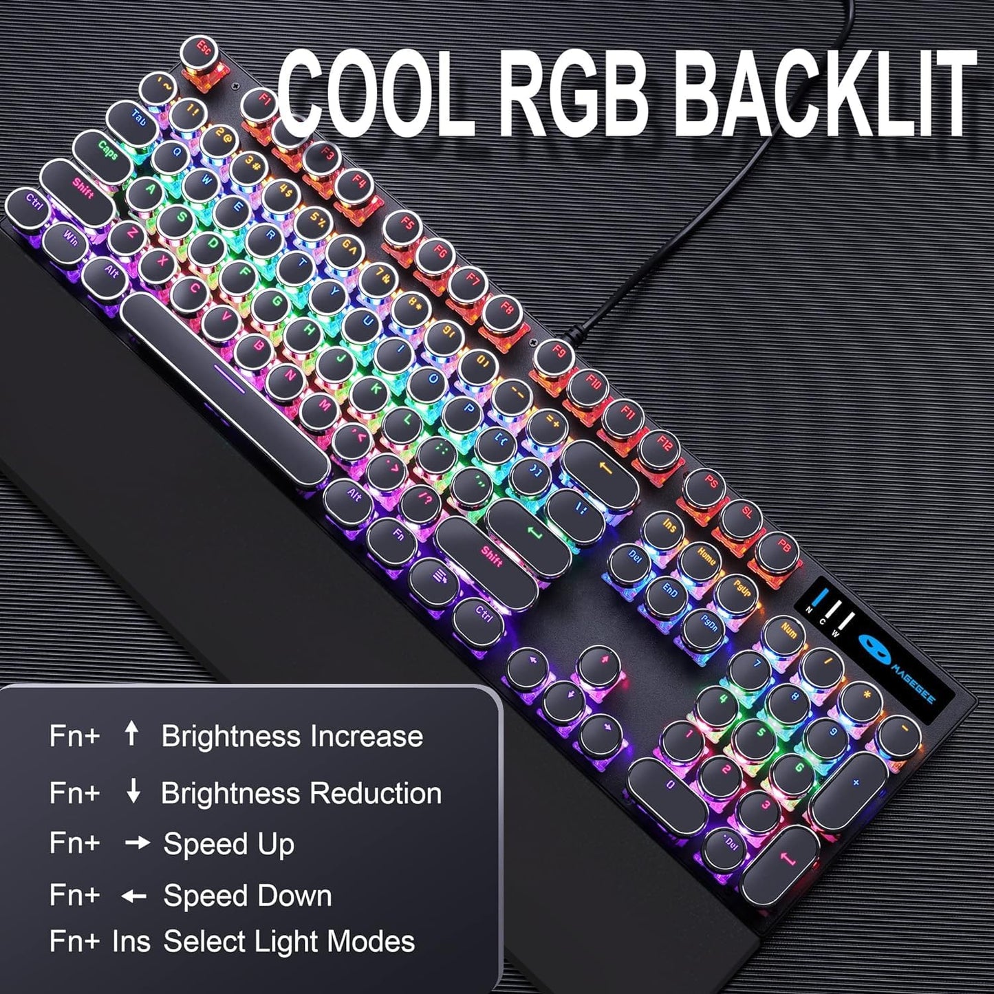 Camiysn Typewriter Style Mechanical Gaming Keyboard, Black Retro Punk Gaming Keyboard with RGB Backlit, 104 Keys Blue Switch Wired Cute Keyboards, Round Keycaps for Windows/Mac/PC