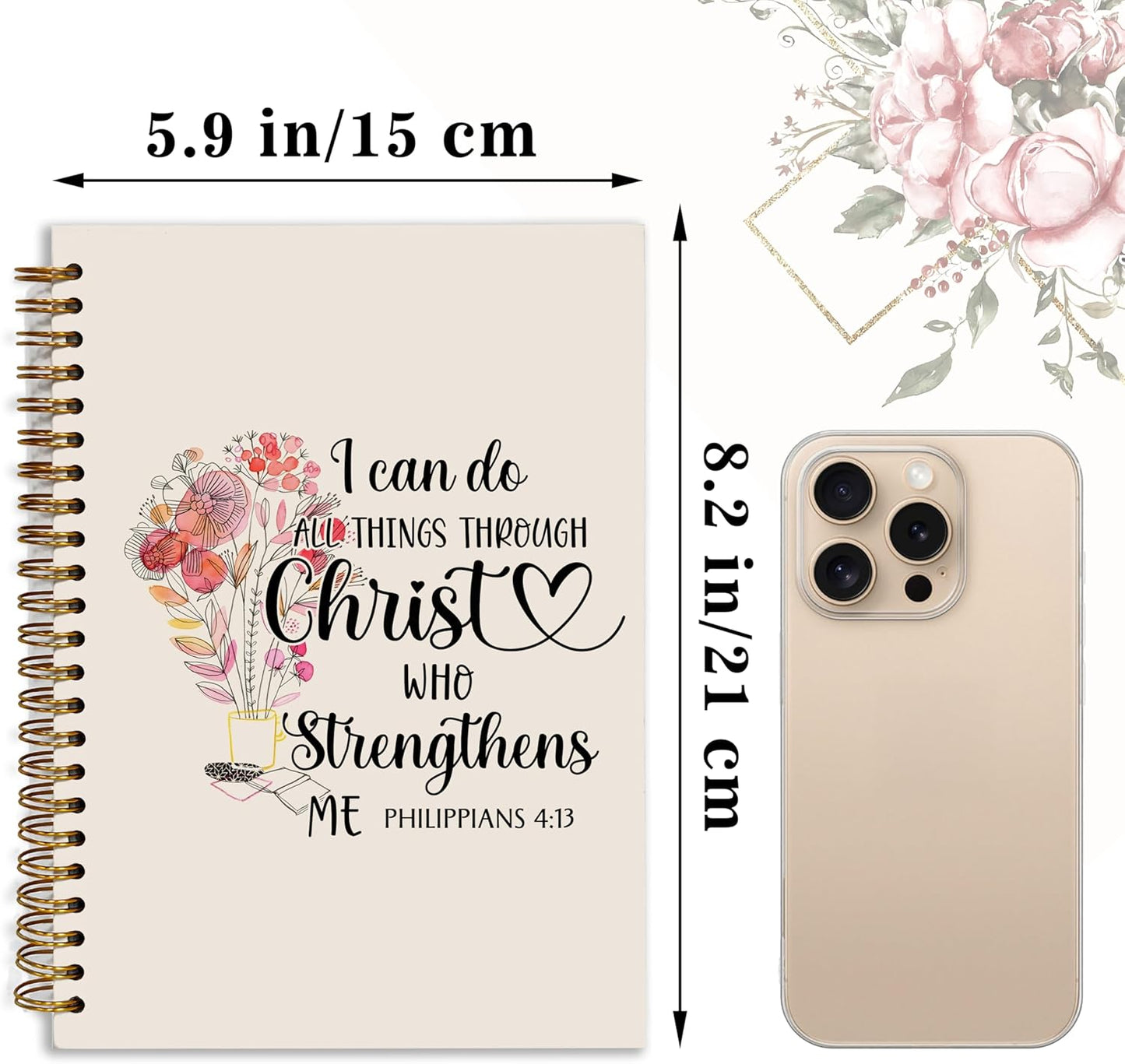 Bible Notebook, A5 Spiral Christian Journal Pink Floral Notebook, Bible Verse-I Can Do All Things Through Christ Who Strengthens Me, Inspirational Notebooks for Women, Gift for Birthday Christmas