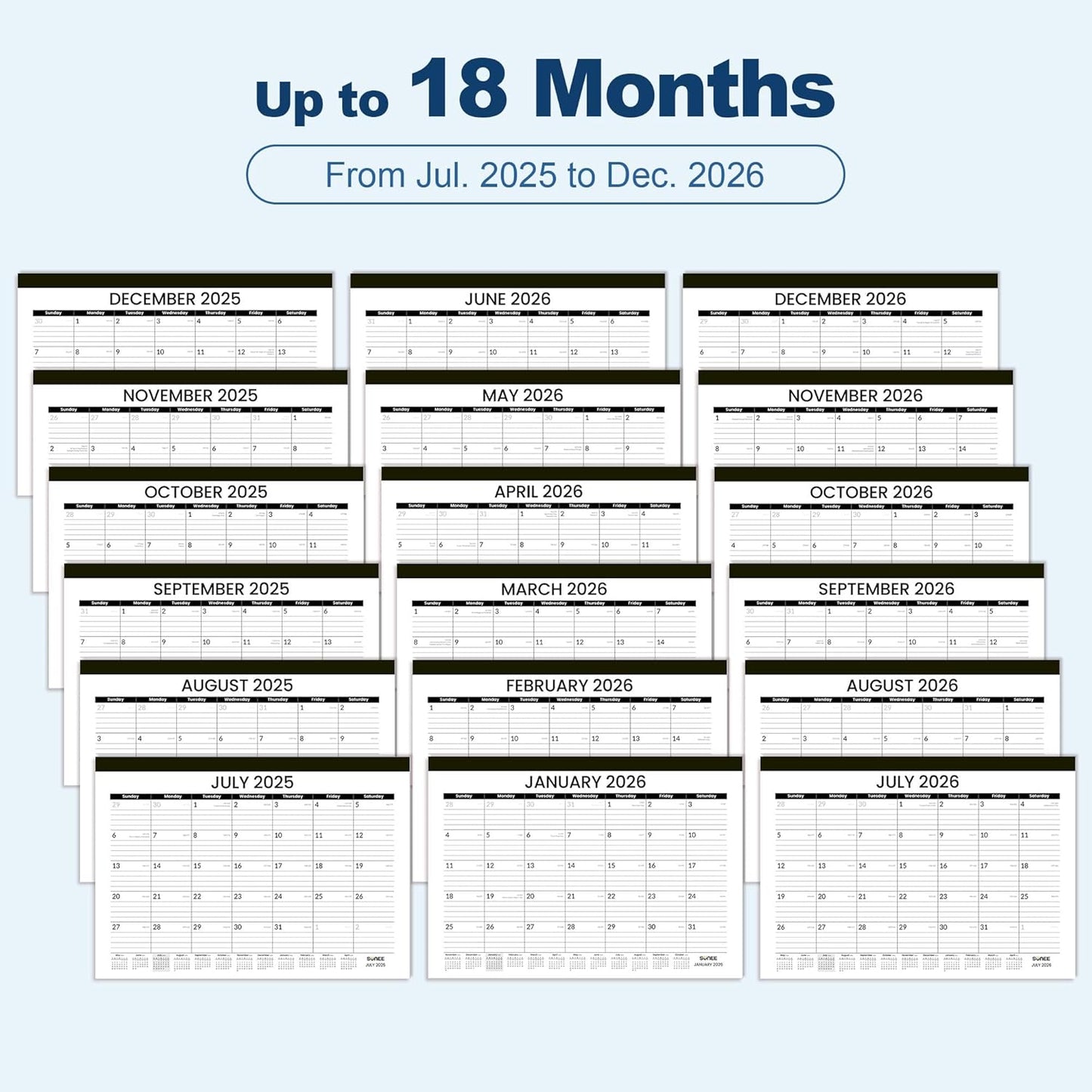SUNEE Desk Calendar 2025-2026 17x12, 18 Months, JUL. 2025 - DEC. 2026, Academic Desk Blotter Calendar 2025-2026, School Year Large Calendar for Teacher, Black