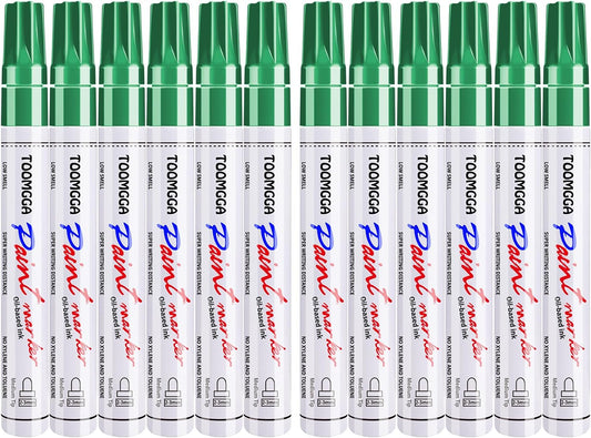 Green Permanent Paint Pens Paint Markers - 12 Pack Oil Based Markers, Quick Drying and Waterproof Marker Pen, Car Tire, Metal, Rock Painting, Wood, Fabric, Plastic, Canvas, Mugs