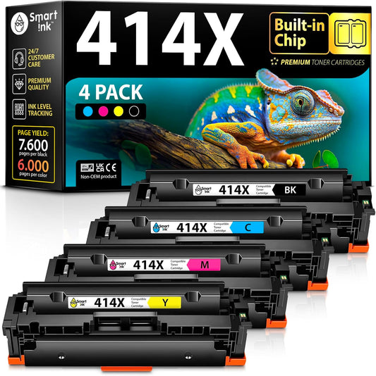 Smart Ink Compatible 414X Toner Cartridge Replacement for HP 414 X with Built-in Chip (4 Pack) to use with Color Laserjet Pro MFP M479fdw M479fdn M479fdw M454dw M454dn (Black Cyan Magenta Yellow)