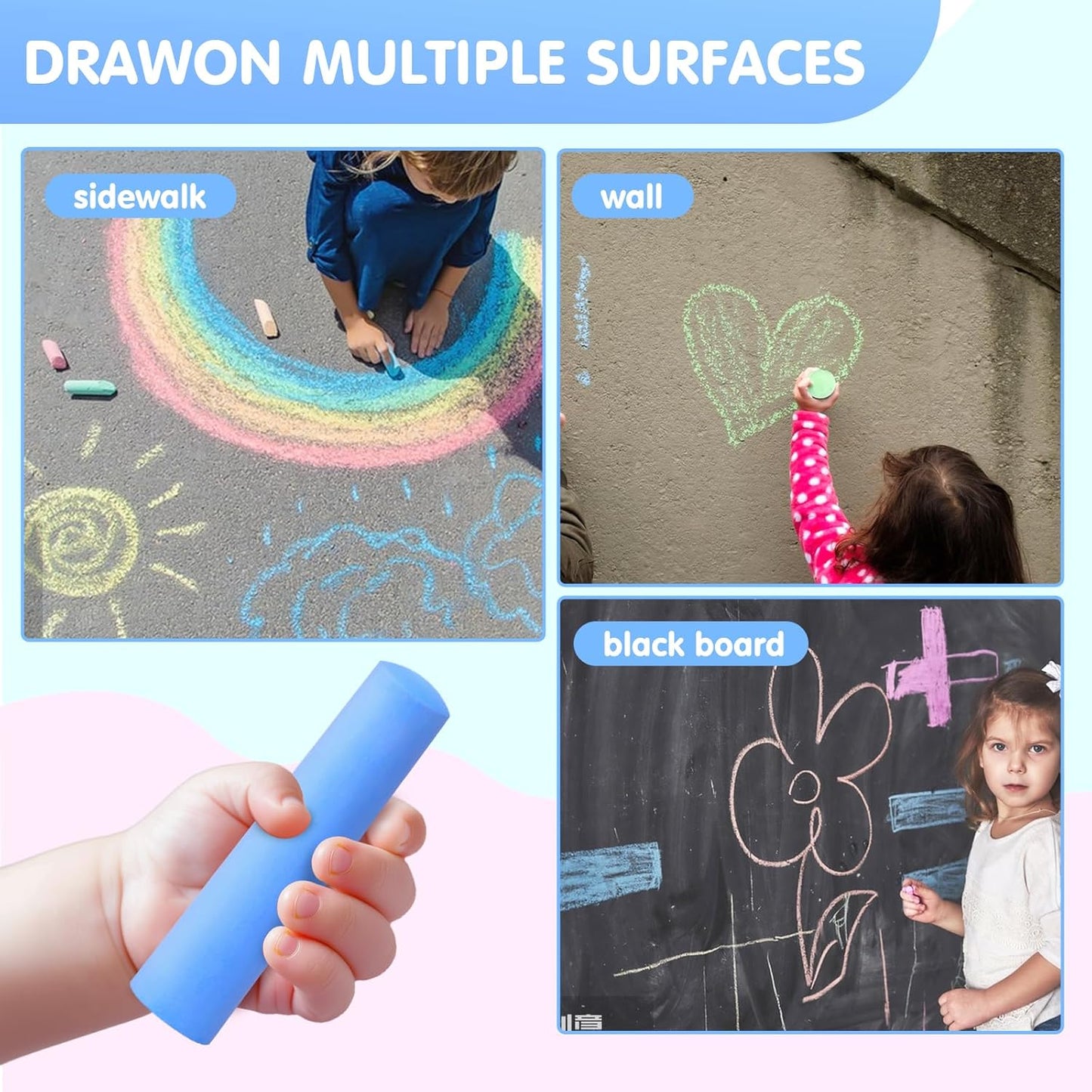 50 Pack Washable Sidewalk Chalks for Kids Non-Toxic Jumbo Chalk for Outdoor Art Play, Colored Chalk for Painting on Chalkboard, Blackboard and Playground(Blue)