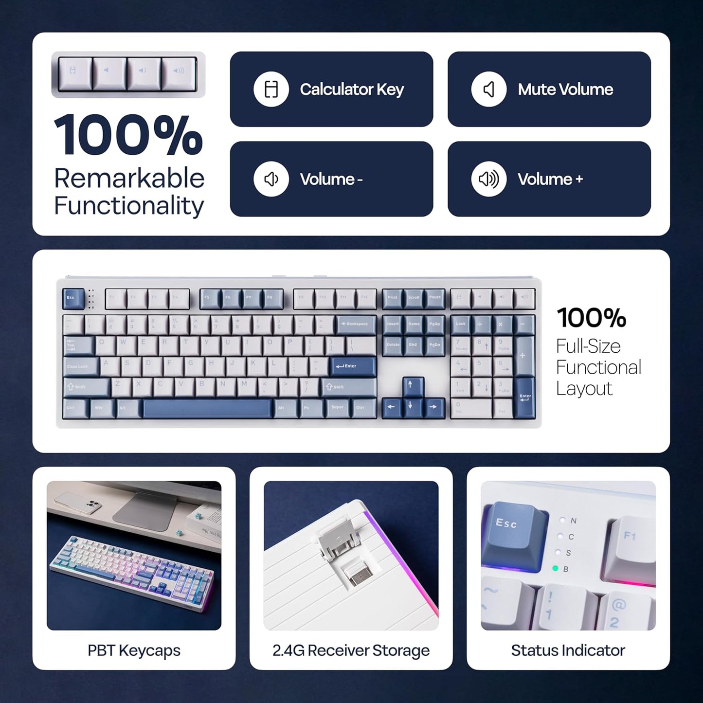EPOMAKER TH108 Full Size Mechanical Keyboard, Wireless Gaming Keyboard, 8000mAh Battery, Creamy Gasket, 108 Keys, Hot Swap, Custom Driver, RGB Backlights (Blue&White, Creamy Jade Switch)