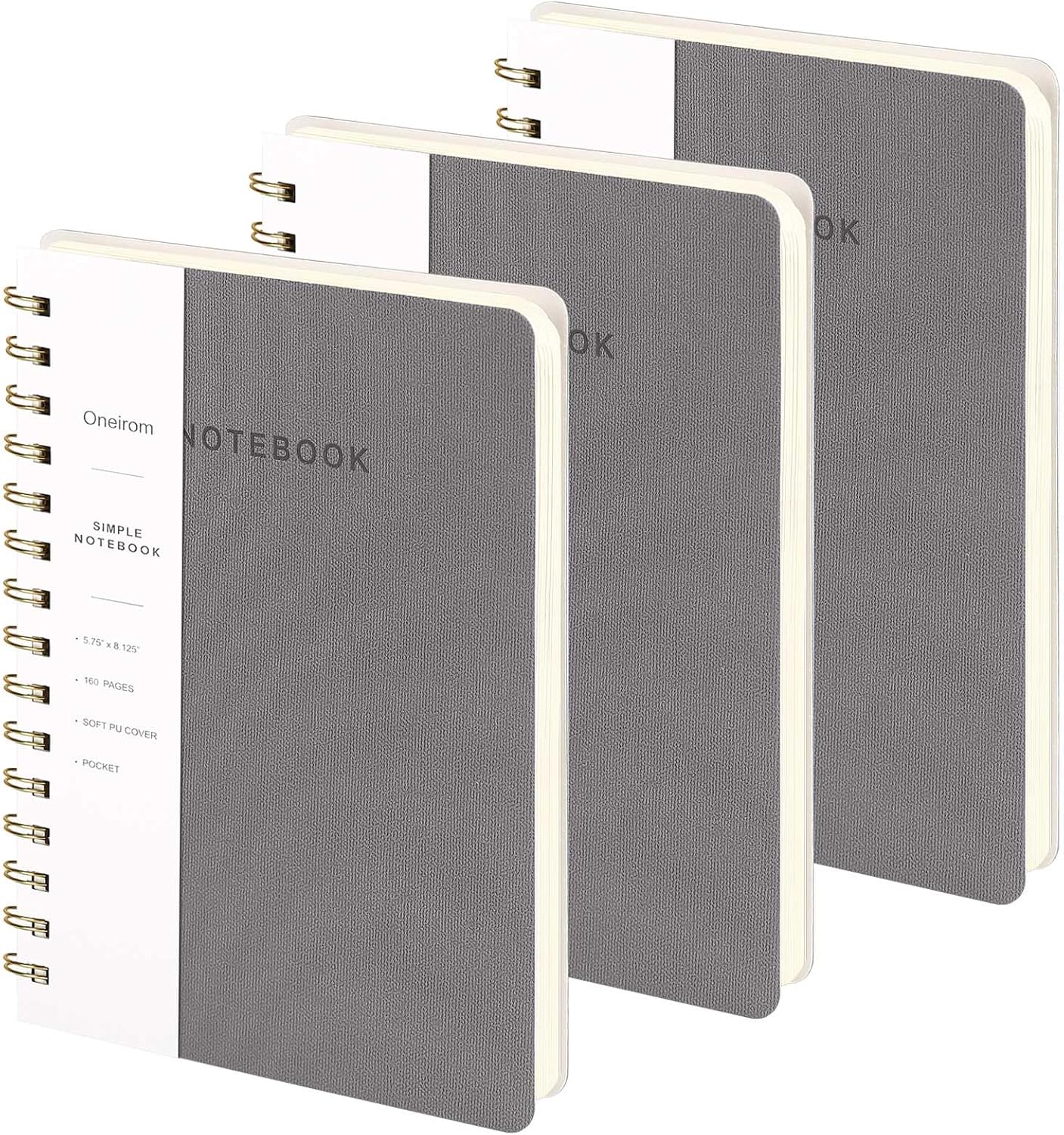 Lined Spiral Notebook College Ruled A5 Journal Book for Note Taking, 160 Pages Writing Journal for Office and Home School Supplies 5.75x8.125 inch (3pack-Grey)