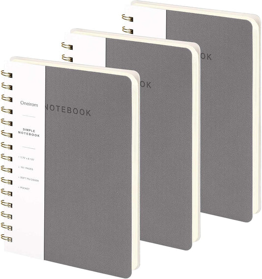 Lined Spiral Notebook College Ruled A5 Journal Book for Note Taking, 160 Pages Writing Journal for Office and Home School Supplies 5.75x8.125 inch (3pack-Grey)
