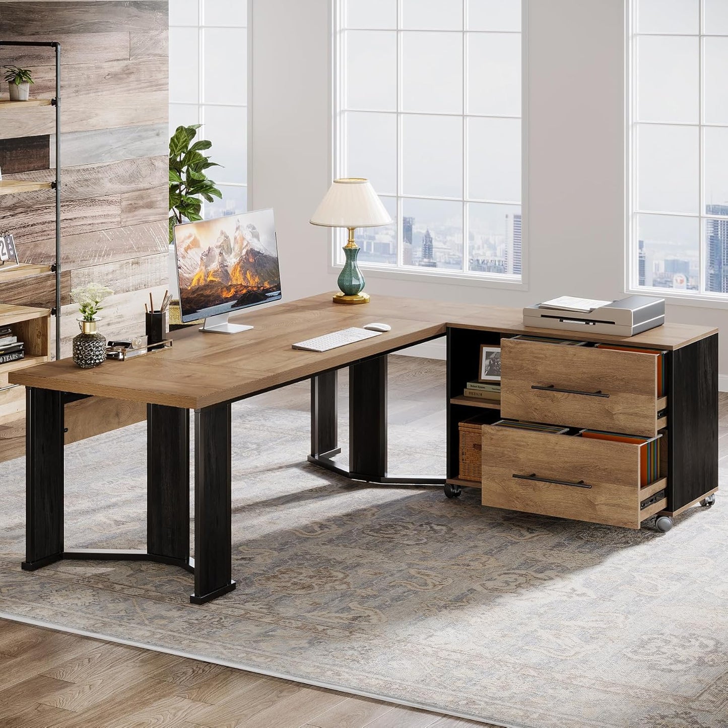 Tribesigns 70.86" Executive Desk with Mobile File Cabinet, Large L Shaped Computer Office Desk with 2 Drawers and Storage Shelves, Business Furniture Desk Workstation for Home Office (Light Brown)