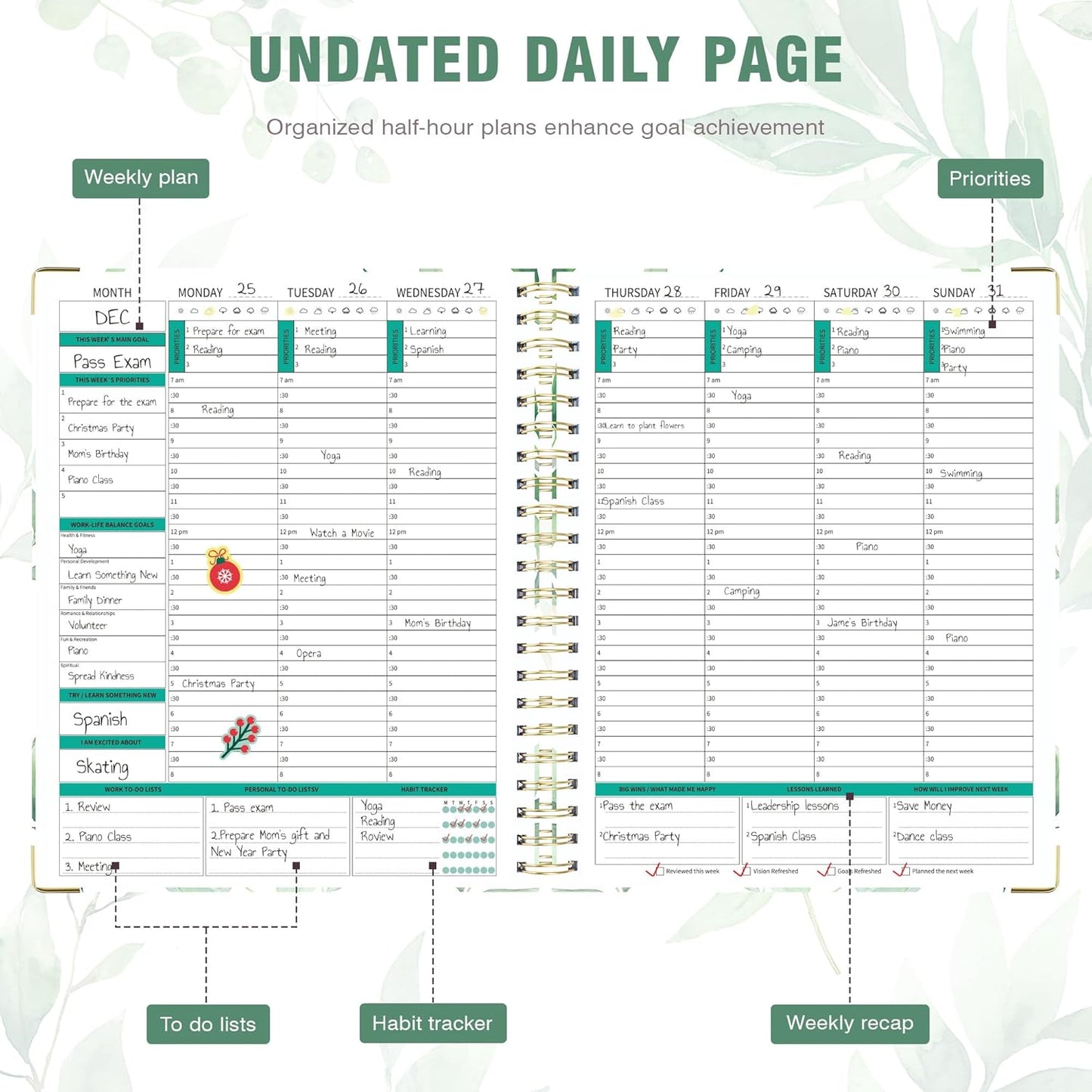 Ospelelf Undated Spiral Bound Planner Daily, Weekly and Monthly Planner 2025-2026, Work Planner 12 Month 8.5 x 11