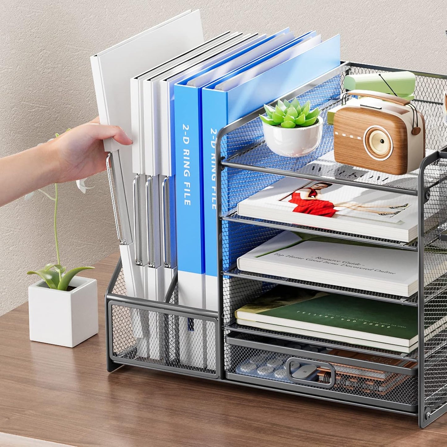 Marbrasse 5-Tier Paper Letter Tray Organizer with Drawer and Pen Holder, Mesh Desktop Organizer and Storage with Magazine Holder for Office Supplies (Grey)