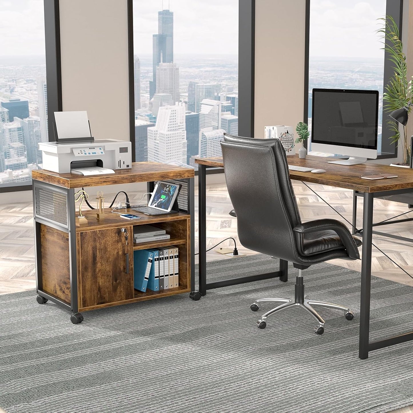 Unikito Lateral File Cabinet, Locking Office Filing Cabinets with Socket and USB Charging Port, Modern Rolling Printer Stand with Storage for A4, Letter Size and File Folders, Rustic Brown