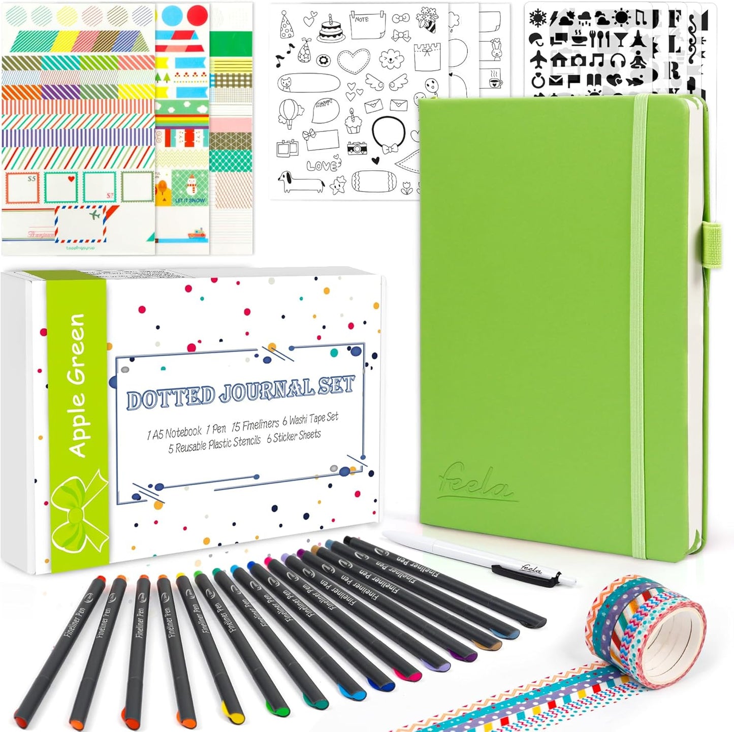 Dotted Journal Kit, Feela Dot Grid Journal Hardcover Planner Notebook Set For Beginners Women Girls Note Taking with Journaling Supplies Stencils Stickers Pens Accessories, A5, 224 Pages, Apple Green