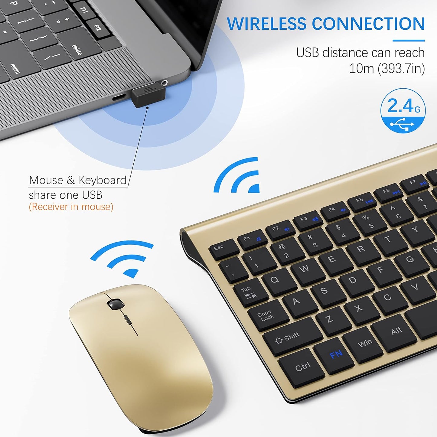 Wireless Keyboard and Mouse Ultra Slim Combo, TopMate 2.4G Silent Compact USB 2400DPI Mouse and Scissor Switch Keyboard Set with Cover, 2 AA and 2 AAA Batteries, for PC/Laptop/Windows/Mac - Gold Black