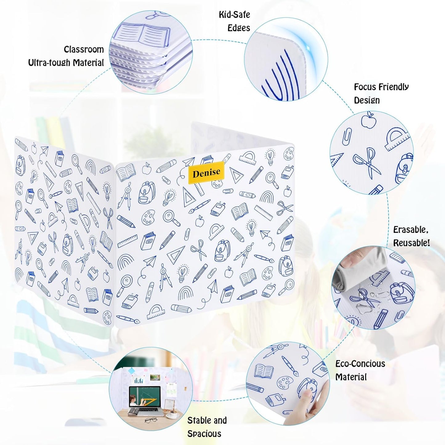 24 Pack Printing Privacy Floders for Student Desks - Durable Plastic Erasable - Testing Dividers for Classroom - Easy Clean Privacy Shields for Student - Includes Extra Labels White