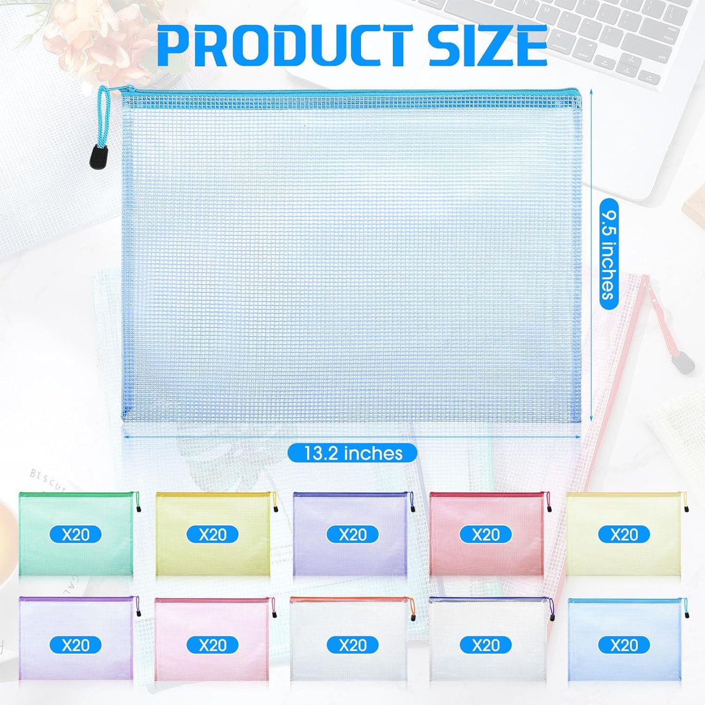 200 Pcs A4 Mesh Zipper Pouch Bulk Waterproof Mesh Zipper Organizer Plastic File Folder Case for School Office Supplies Document Board Games Puzzle(Colorful)