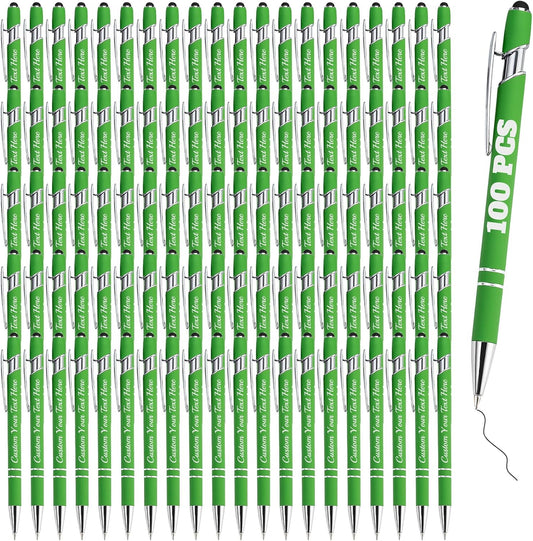 Personalized Pens Bulk 100 with Name Custom Engraving Ballpoint Pens with Stylus Tip Customized Smooth Writing Pens Personalized Gifts for Anniversary Birthday or Graduation(Light Green,Black Ink)