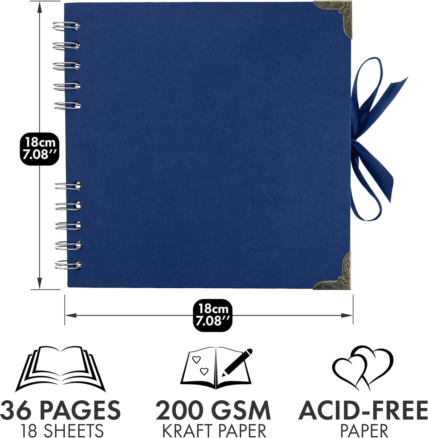 Bstorify Square Scrapbook Photo Albums 7 x 7 Inch Blue Hardcover with Ribbon Closure - Ideal for Scrapbooking, Art & Craft Projects