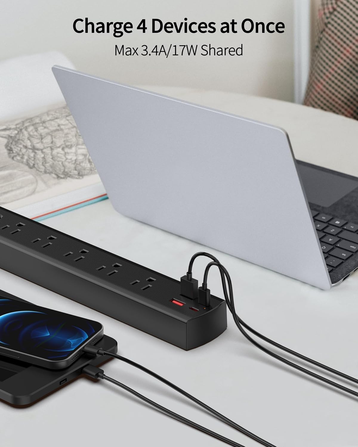 Black Surge Protector Power Strip, Ultra Thin 5 Ft Flat Plug Extension Cord, 1700 Joules, 5 Widely Spaced Outlets with 4 USB Ports (2USB-C), 1875W/15A, Wall Mount for Home Office, Black