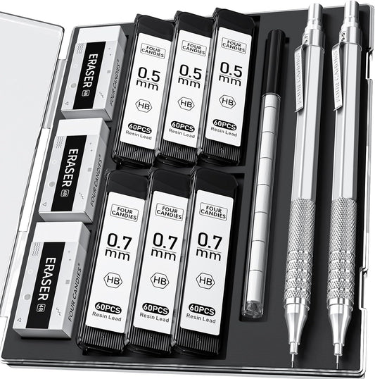 Four Candies 2PCS Metal Mechanical Pencils Set with Case, 0.5mm & 0.7 mm Artist Pencil with 6 Tubes (360PCS) HB Lead Refills, 3 Erasers,9 Eraser Refills For Writing Drafting, Drawing, Silver