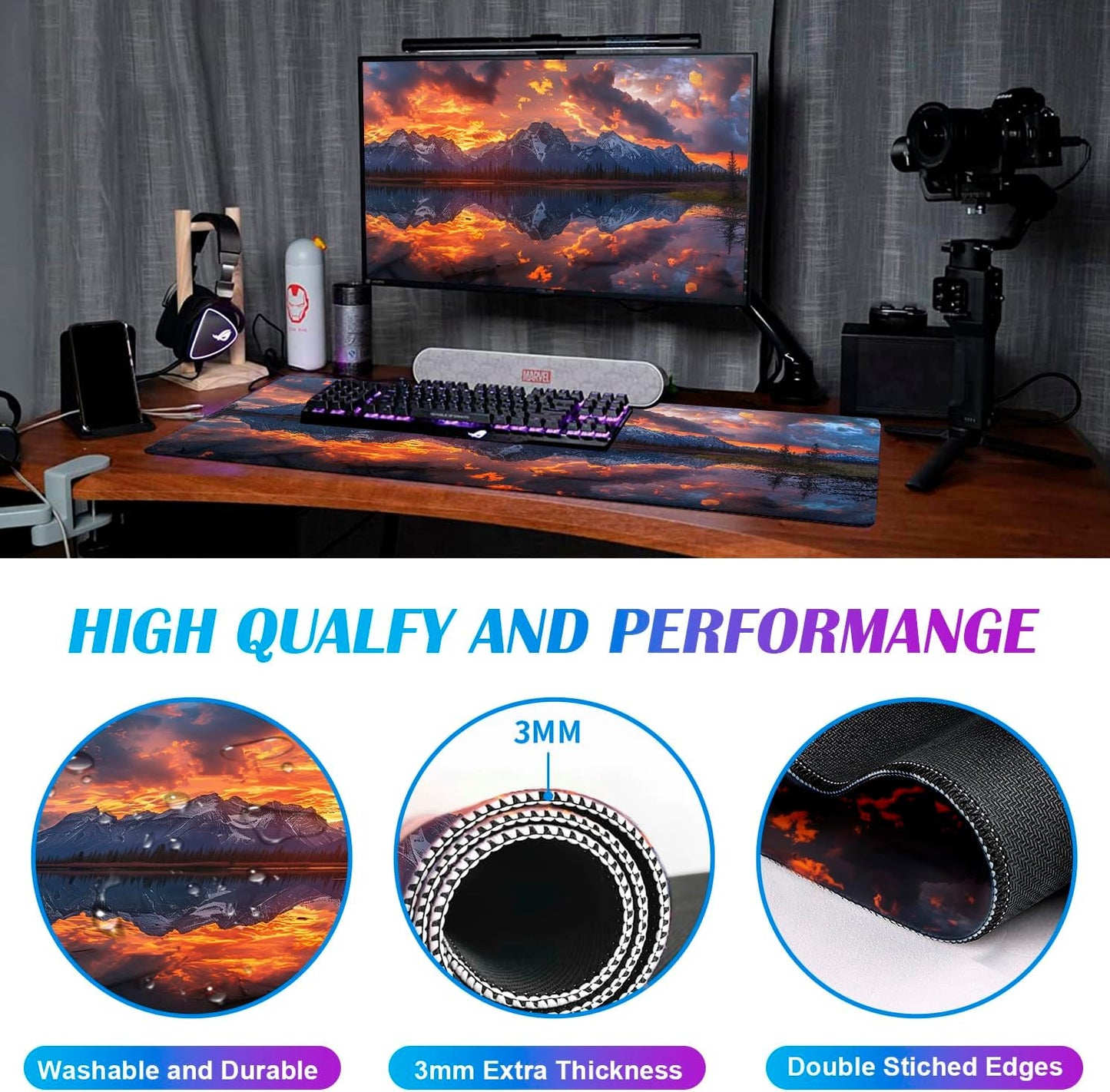 Volcanic Lava Scene Ultra Large Computer Desk Pad, Anti Slip Keyboard Pad, Customized Thick Large Stitched Edge Mouse Pad for Office 35.4 x 15.7 Inches