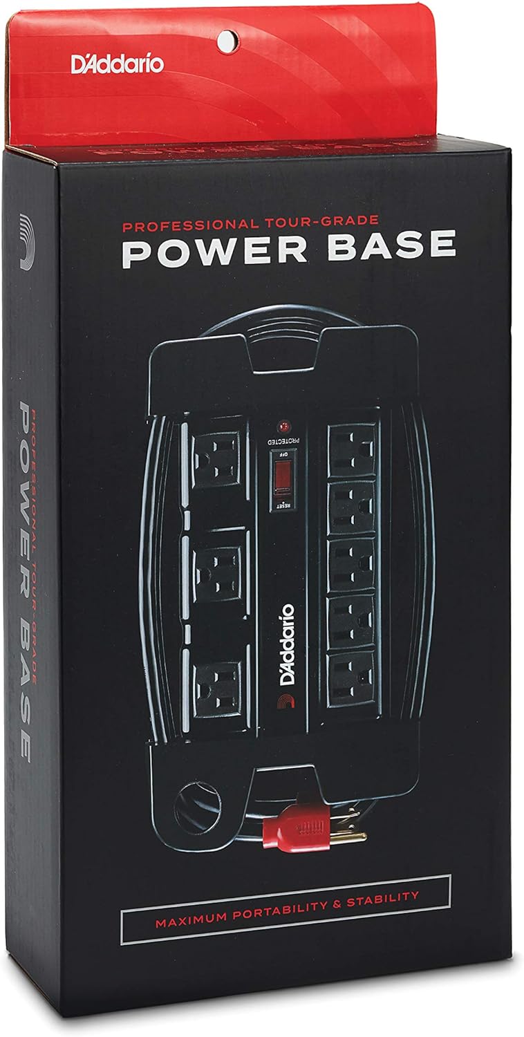 D'Addario Accessories Tour-Grade Power Base - Base Protector - Stage Power Strip with 6 ft Cable - 5 Standard and 3 Transformer- Guitar Amp Outlet - Music Surge Protector with Indicator Light