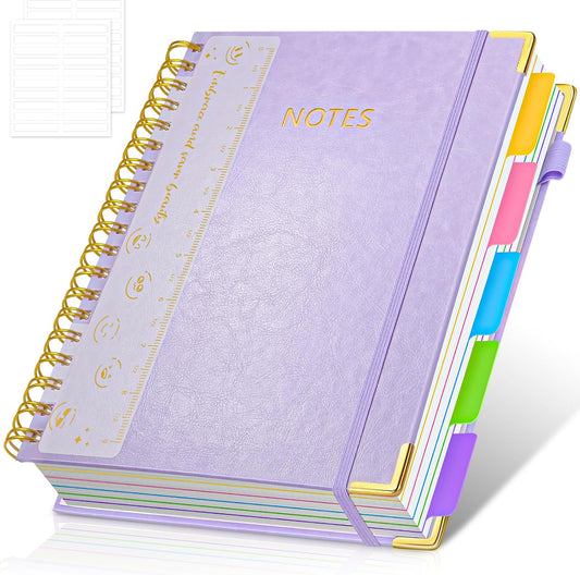 Hardcover Spiral Notebook Journal, 8"x10" Large B5 Notebooks with Removable Dividers Tabs, 300 Pages Leather 5 Subject Notebook College Ruled, Journal for Work School Note, 100 GSM Thick Paper,Purple.