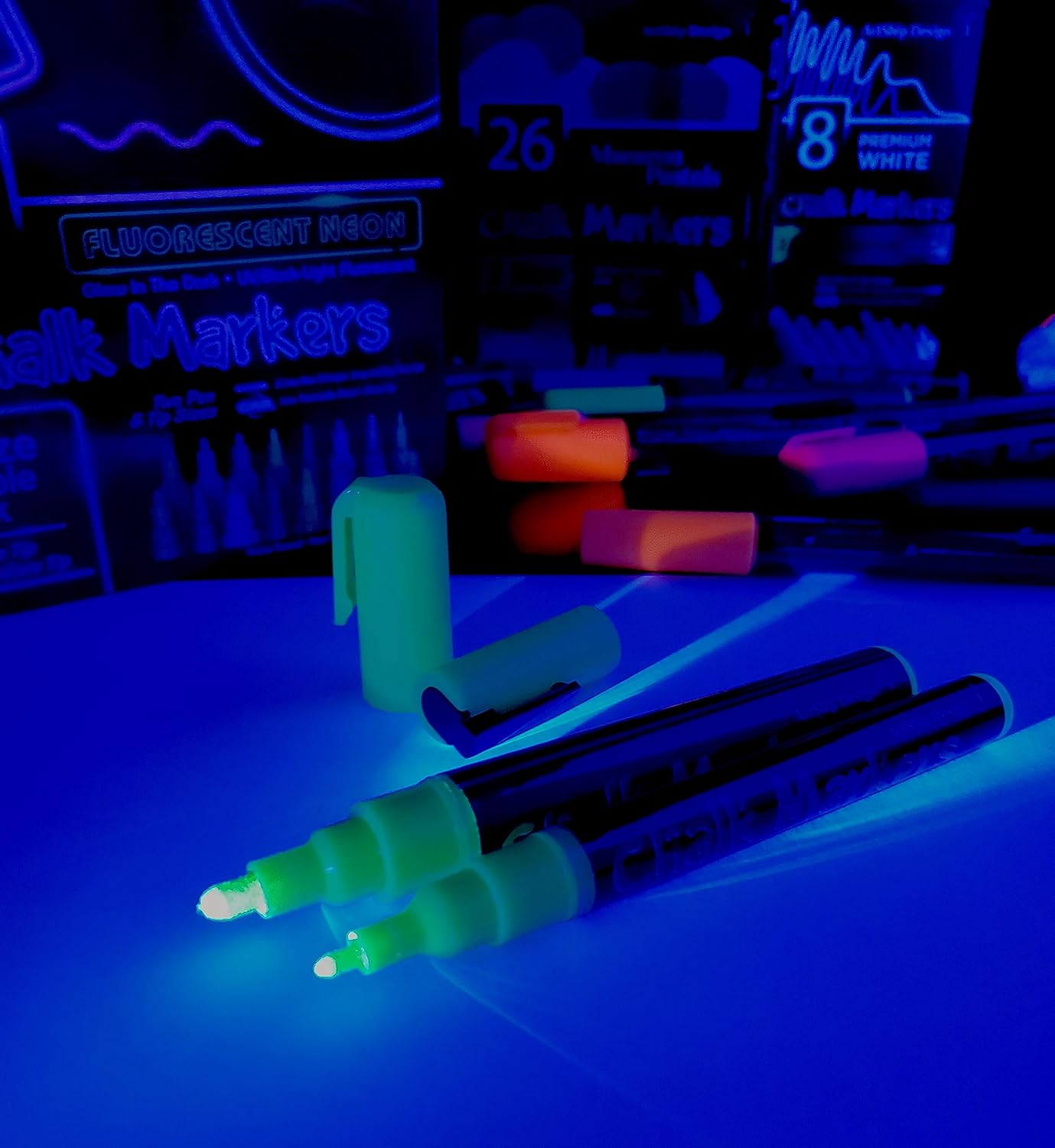 16 UV Fluorescent Neon Chalk Markers - Double Pack of Both Fine & Reversible Medium Tip Liquid Chalk Pens Wet Erasable Menu Boards, Glass, Whiteboards, Mirrors, Non-Porous Chalkboards, Plastic, Metal