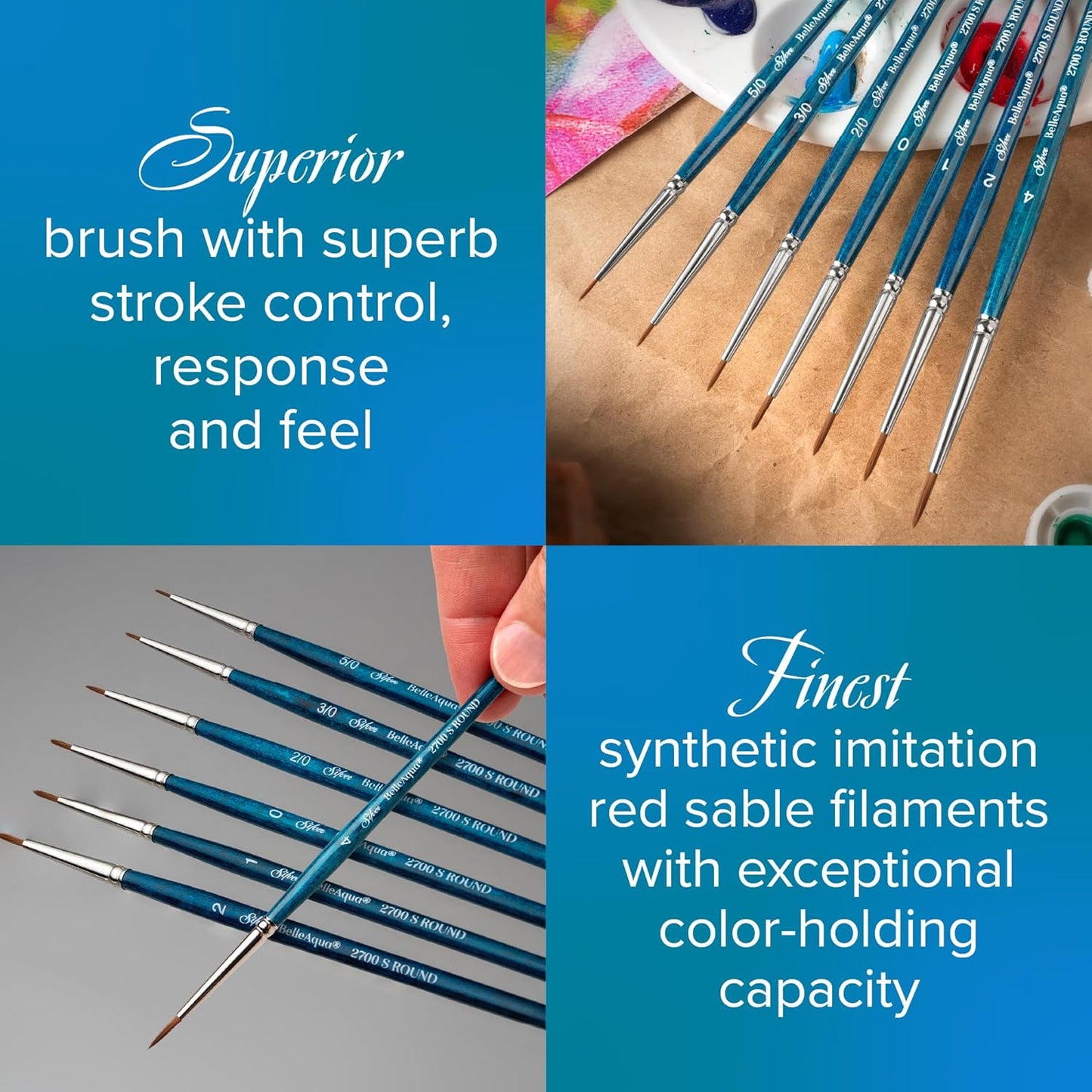 Silver Brush Limited BA-2760S BelleAqua Long Stroke Brush Set, 2pc Professional Watercolor Brush Set, Premium Soft Synthetic Red Sable Long Stroke Brushes Also for Gouache, Sizes 1/2 and 3/4 Inch