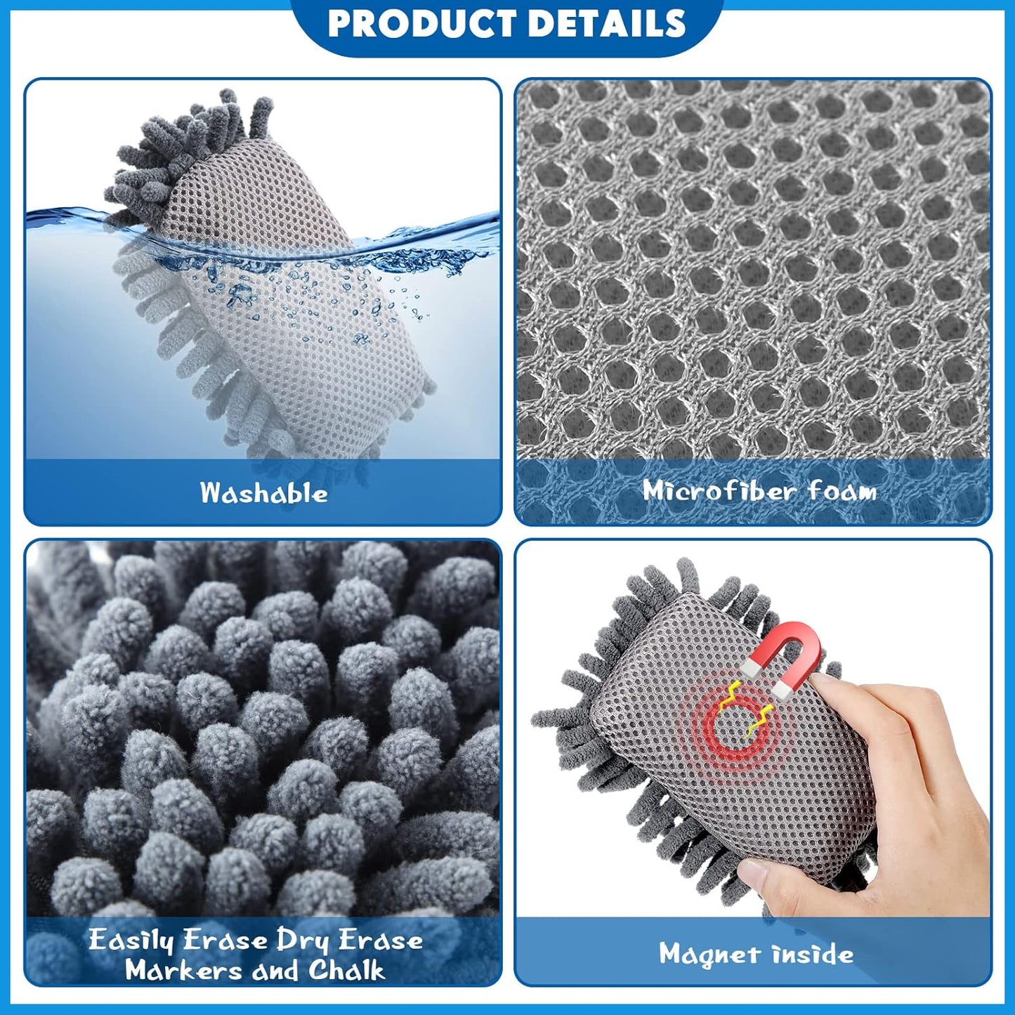 Sherr 24 Pcs Magnetic Whiteboard Eraser School Dry Erase Erasers Microfiber Shag Washable White Board Eraser for Chalk Classroom Home Office (Gray)