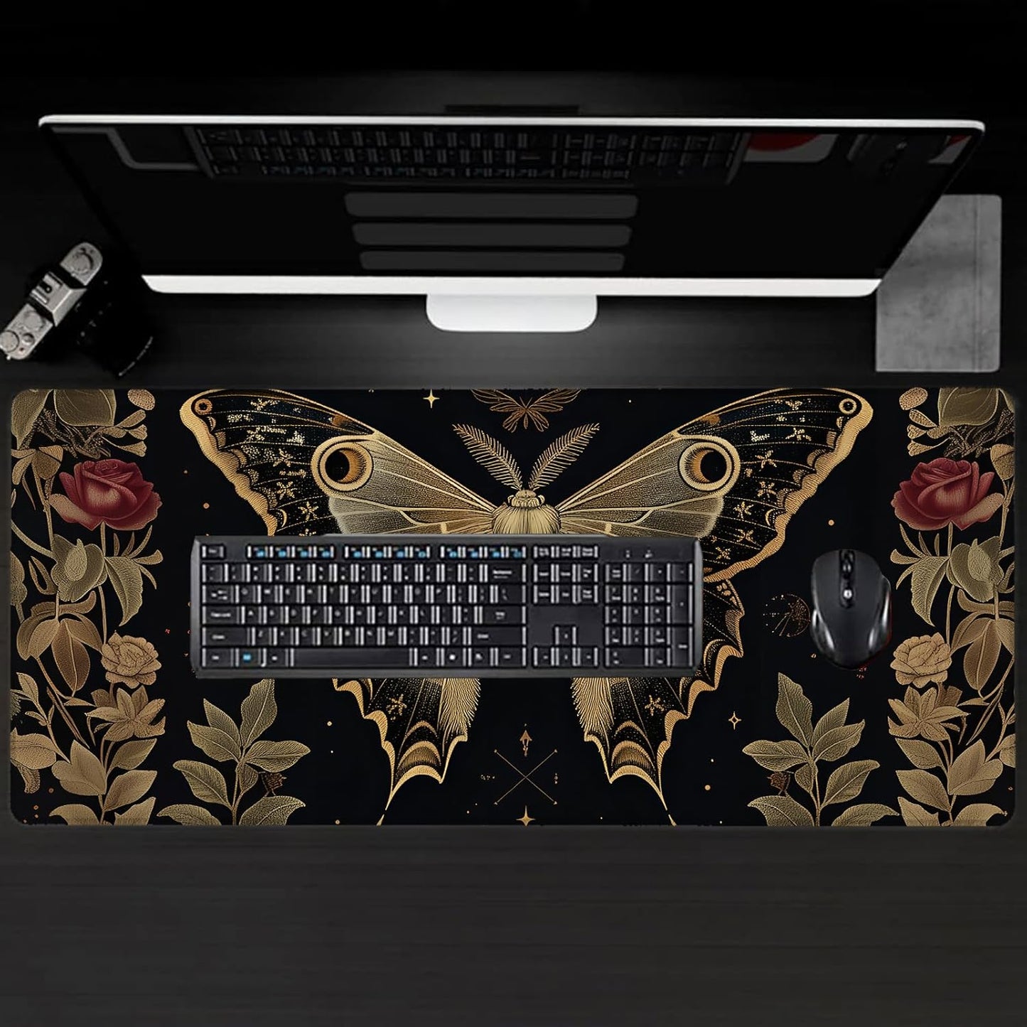 Vintage Moth Rose Large Gaming Desk Mat,Rubber Non-Slip Elegant Nocturnal Mouse Pad,31.5x11.8x0.12in Extended Nature Art Floral Mousepad,Game Lover Mice Pads Gifts,Office Home Deskmat Decor