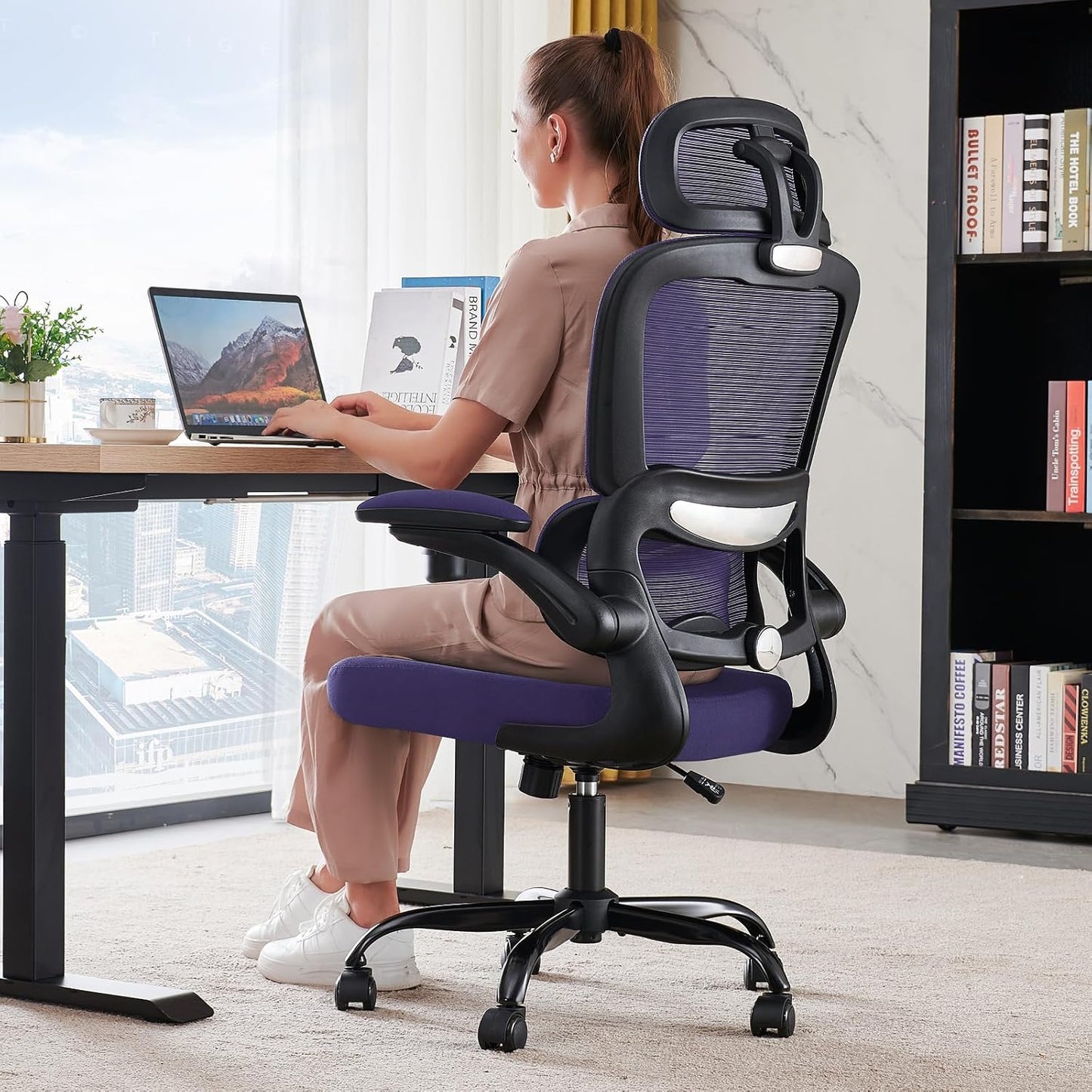 Office Chair Ergonomic Desk Chair, 330 LBS Home Mesh Office Desk Chairs with Wheels, Comfortable Gaming Chair, High Back Office Chair for Long Hours (Violet)