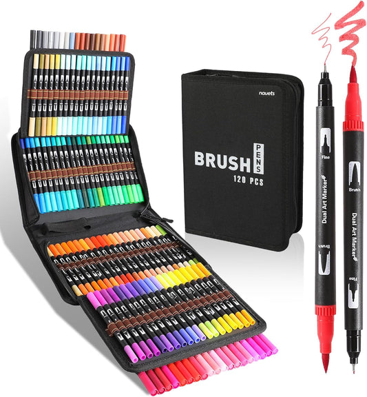 nauets 120 Colors Brush & Fine Dual Tip Watercolor Markers Set for Kids Adults Coloring Books No Bleeding Paint Pens For Drawing Note taking Planner Calligraphy Journaling Card Making Art Supplies