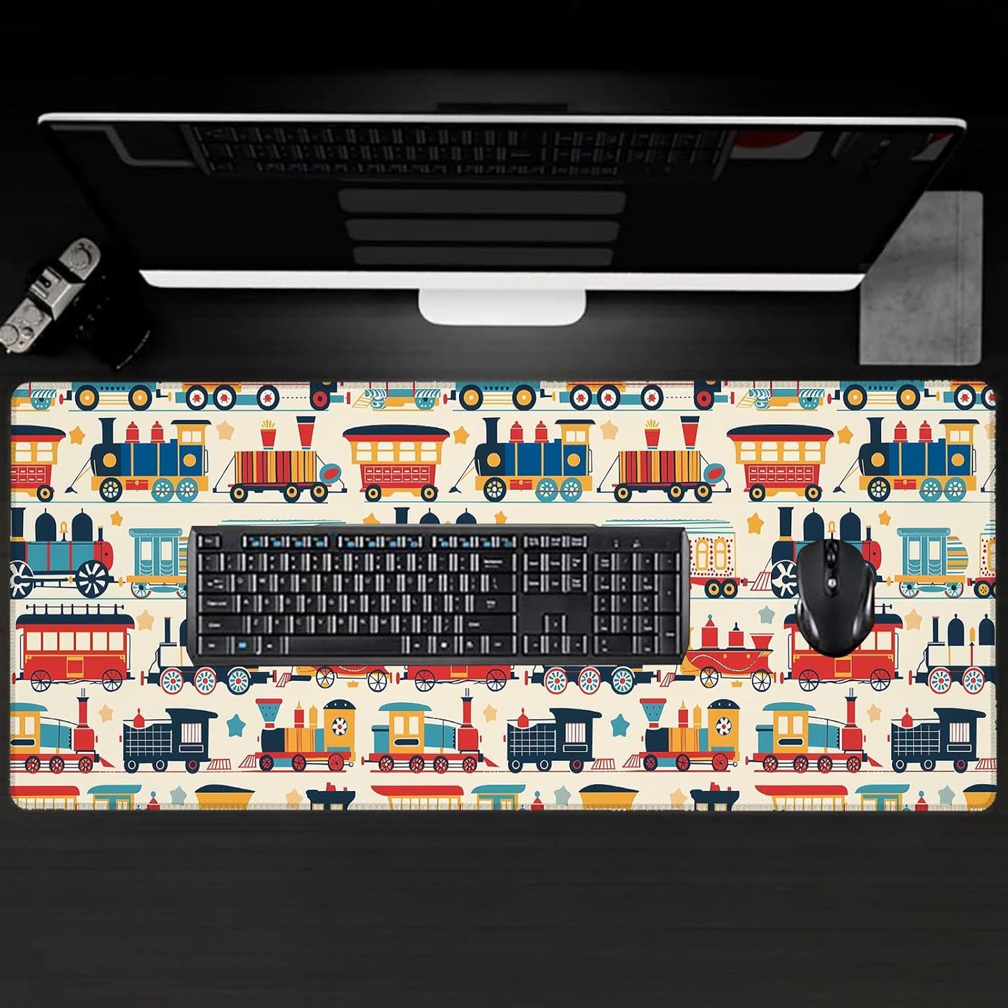 Playful Train Gaming Mouse Pad, Large Desk Mat with Cartoon Car, Rubber Non-Slip Extended Cute Vintage Mousepad, Office Home Decor Accent, Gifts for Retro Lovers, 31.5x11.8x0.12in