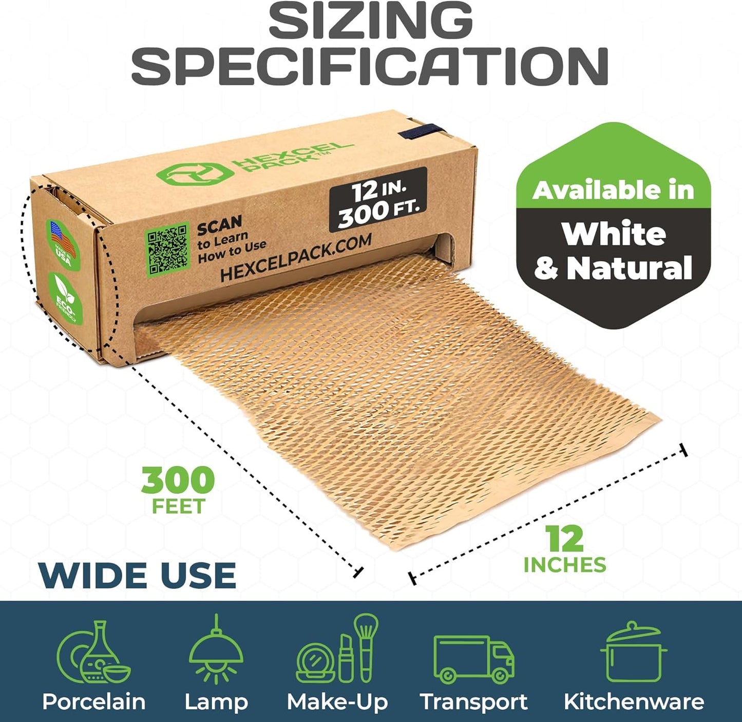HexcelWrap Mini - Honeycomb Packing Paper, Eco-Friendly, Sustainable Paper Bubble Wrap for Shipping & Moving, Cushioned Packing Material in Easy Self-Dispenser Box - Natural, 12" x 300'