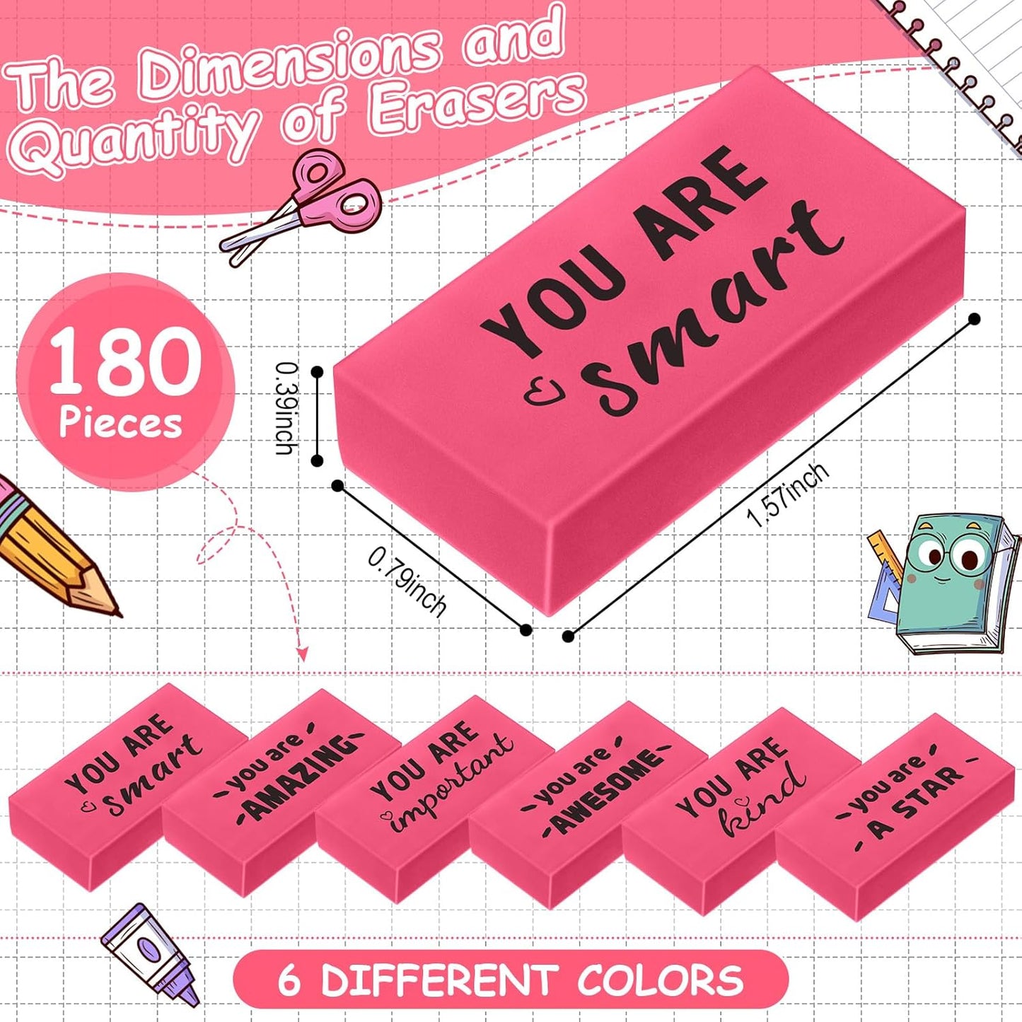180 Pcs Inspirational Erasers for Kids Christian Pencil Erasers Bulk, Back-to-School Gifts Motivational and Cute Supplies for Students Classrooms, Drawing(Pink,Motivational)