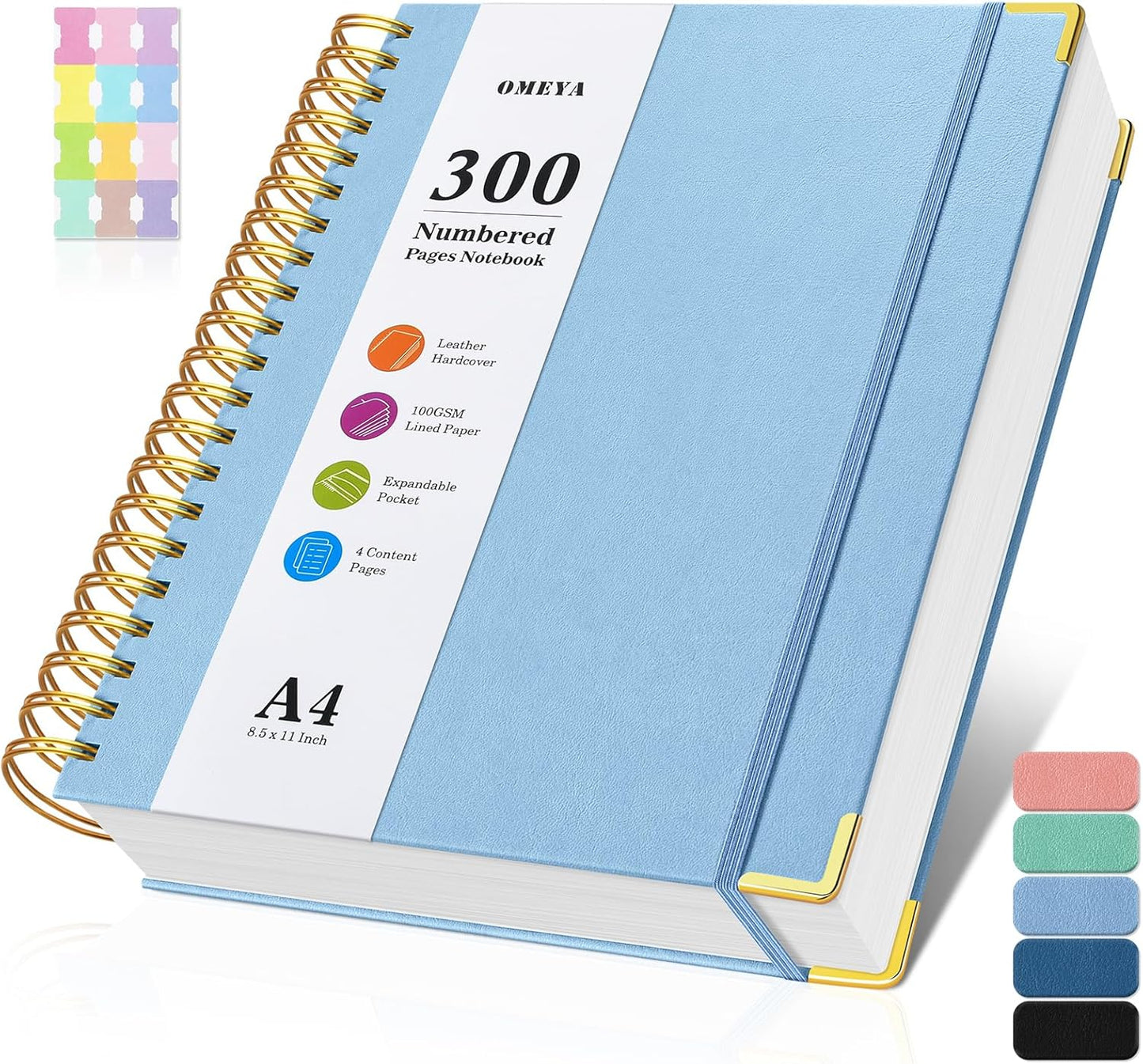 Spiral Notebook 8.5" x 11", 300 Numbered Pages Notebooks College Ruled with Tabs, Hardcover Leather Lined Journal for Women Men, 100GSM Thick Journals for Writing, Large A4 Notebooks for Work School