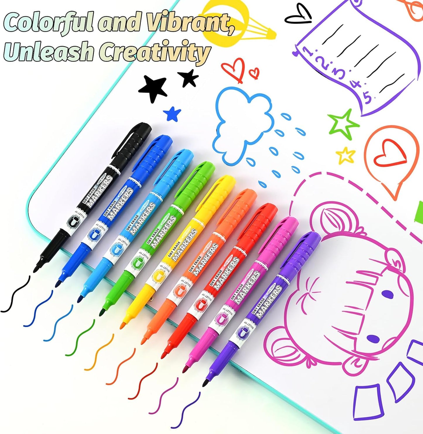 SUIN 9 Colors Dry Erase Markers - Low Odor, Non-Toxic, Slim Whiteboard Bullet Tip markers, Medium Fine Tip Whiteboard Pens for Kids, Office, Classroom & Home 36 Count