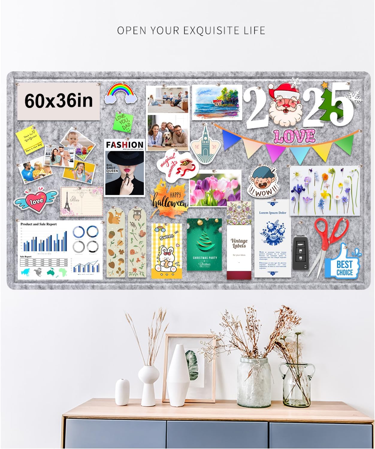 Large Bulletin Board, Foldable 60x36 Inches Cork Board Alternative, Large Felt Board Decorative Pin Board for Wall, Foldable Photo Board Self-Adhesive Vision Board with 36 Pushpins Light Gray