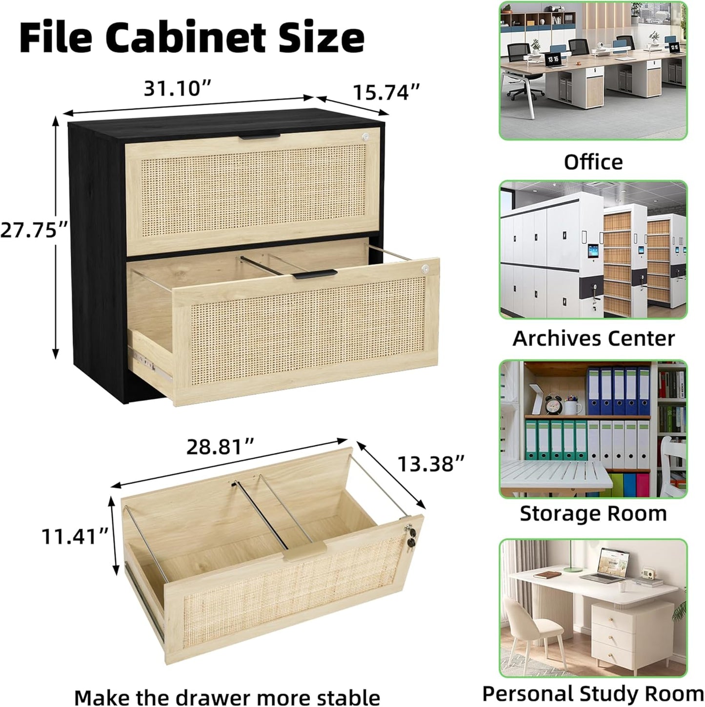 HOPUBUY 2 Drawer File Cabinet with Lock, Printer Stand Lateral Filing Cabinets for Home Office and School, Wood Rattan File Cabinet for Hanging Files/Letter/Legal/A4/F4 Size, Black
